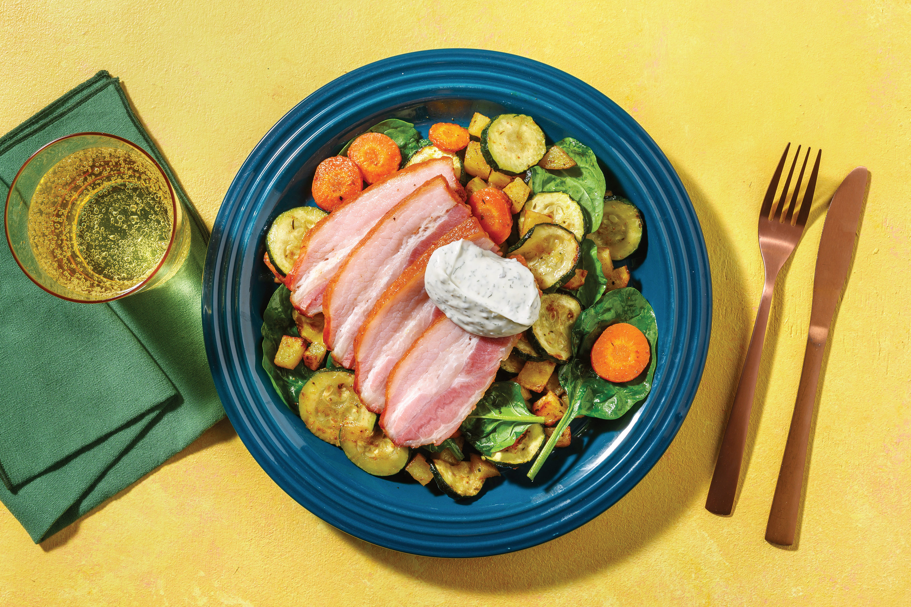 Oven-Ready Pork Belly & Mediterranean Veggies with Dill & Parsley Mayo