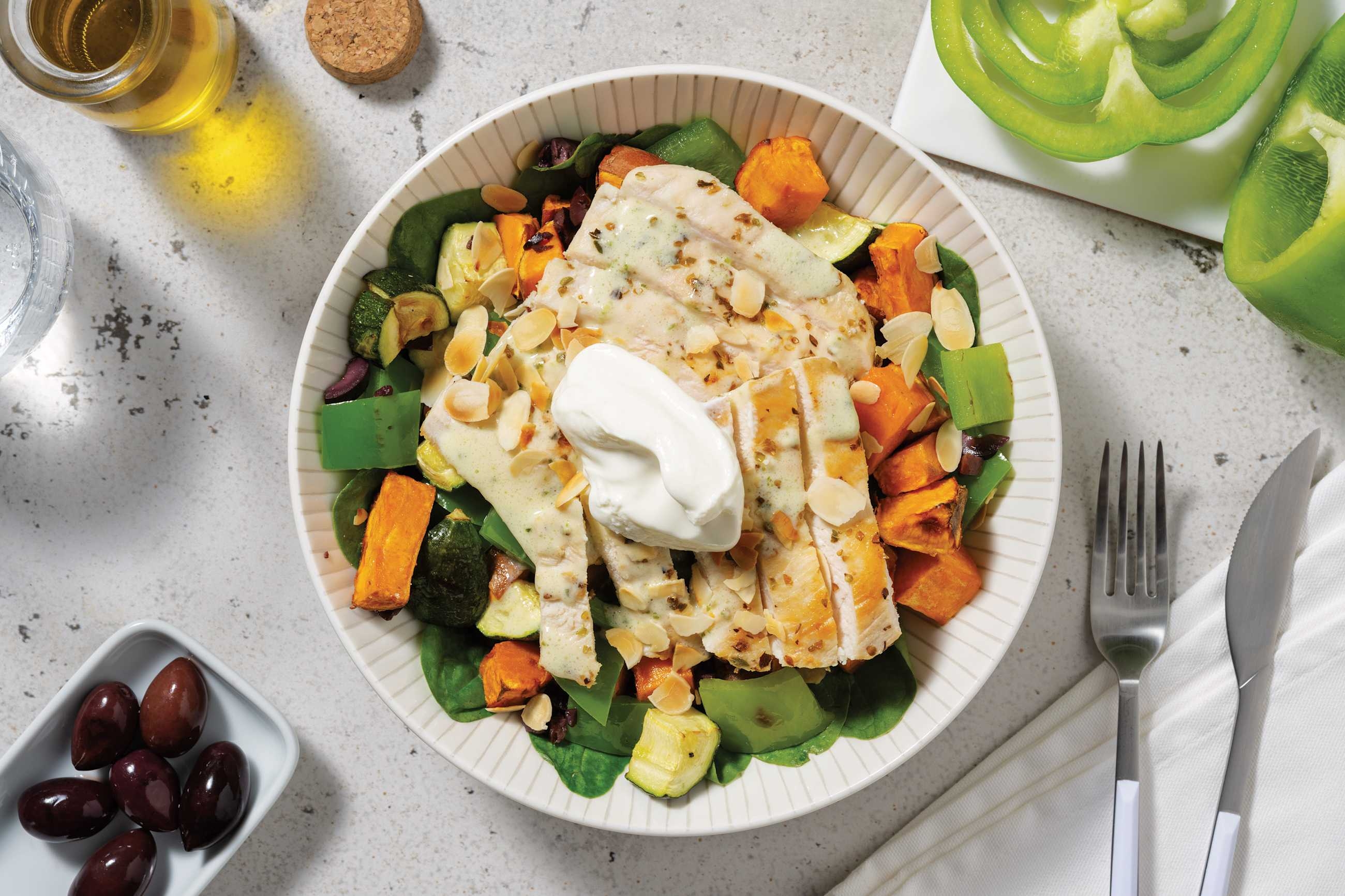 Mediterranean Chicken & Veggie-Olive Toss