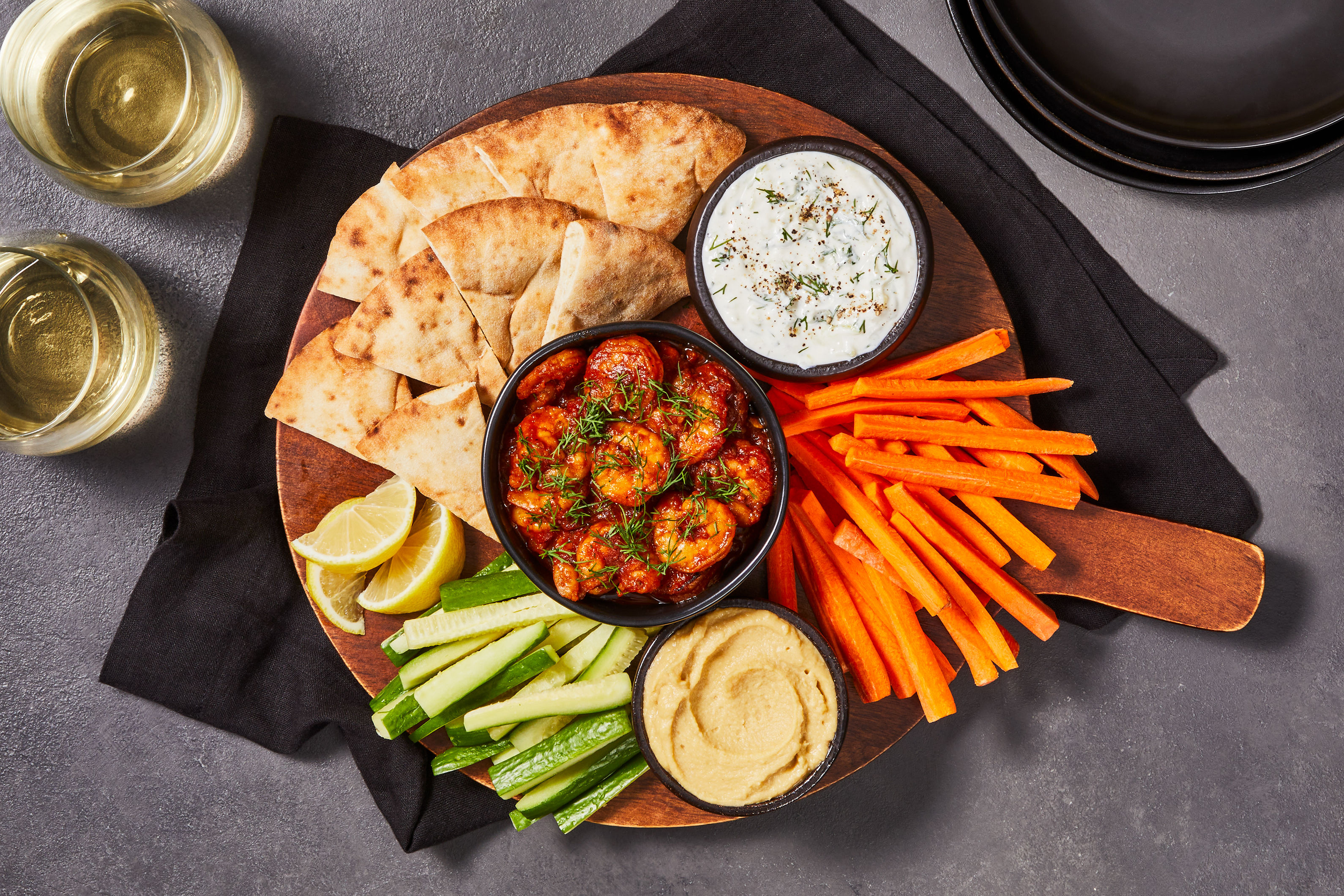 Herby Shrimp Mezze Board with Hummus