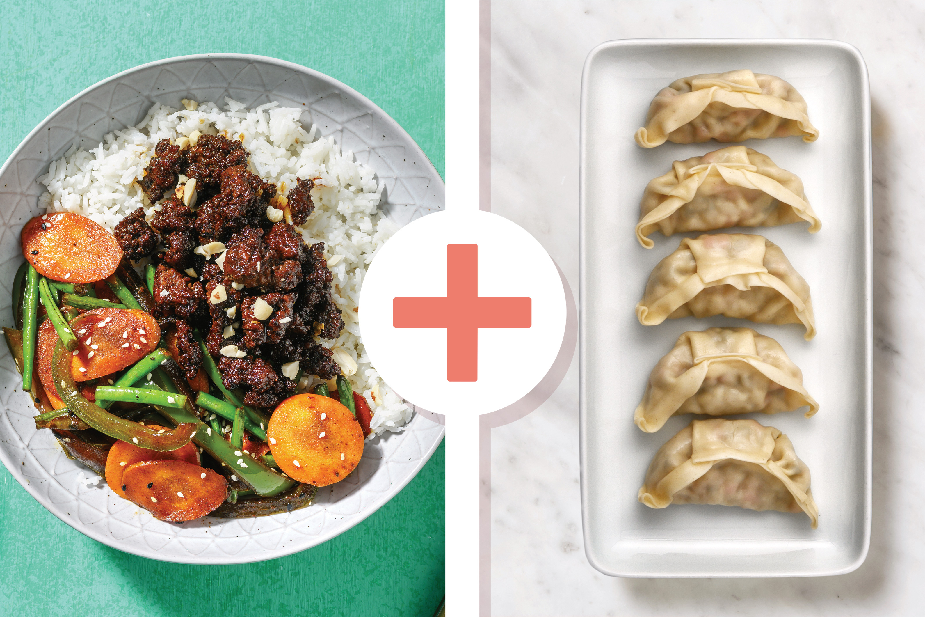Easy Asian Ginger Beef, Pork Gyoza & Sesame-Garlic Veggies