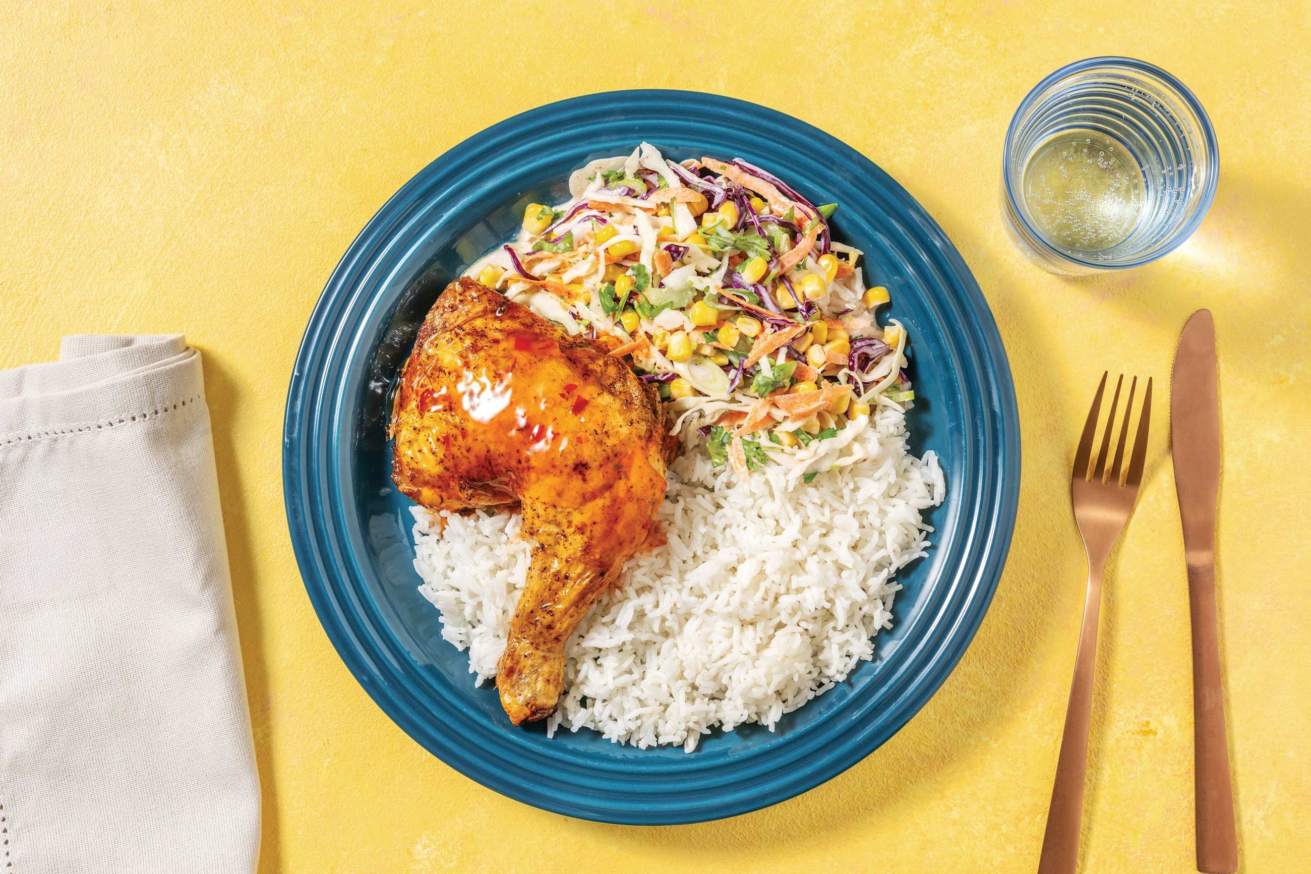 Sweet Chilli-Glazed Chicken with Butter Rice & Asian Corn Slaw