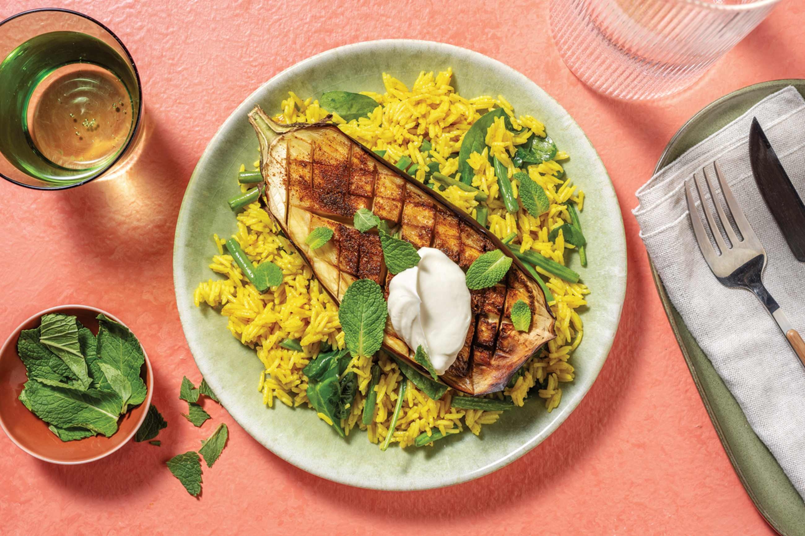 Indian Eggplant, Green Bean & Chicken Biryani