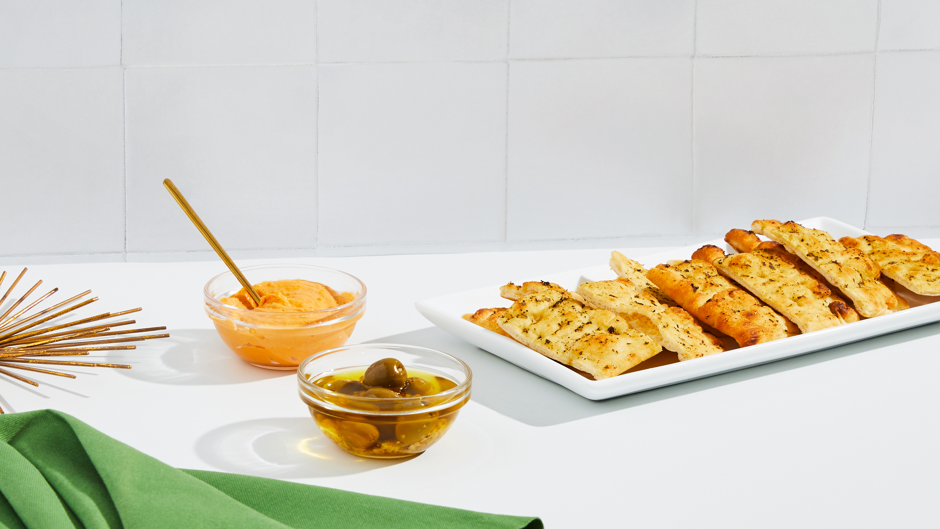 Warm Garlic Olives with Toasted Flatbreads