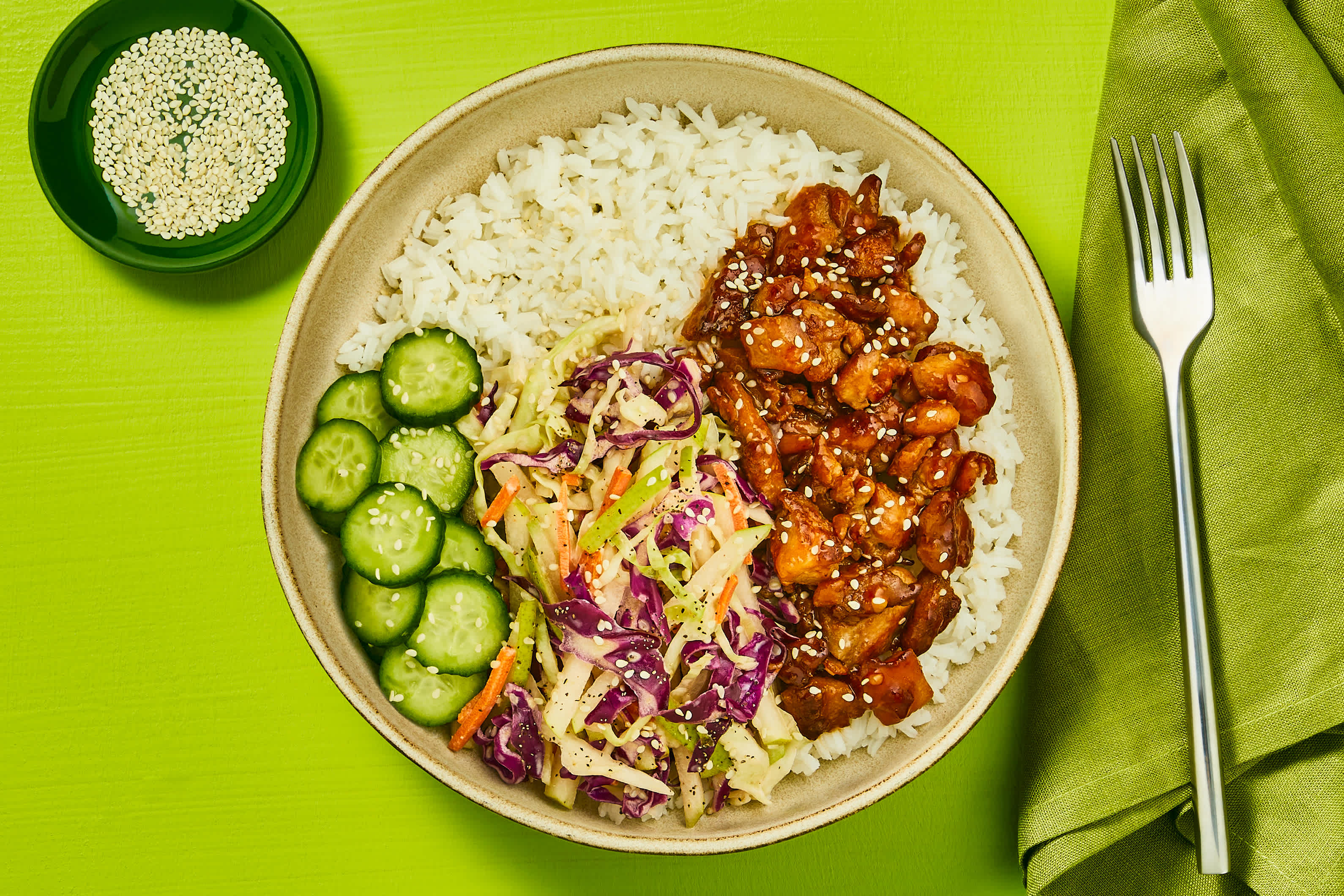 [UPGRADE DICED CHICKEN THIGHS TO SHRIMP] Sweet & Spicy Chicken with Creamy Sesame Slaw, Quick-Pickled Cucumber, and Rice