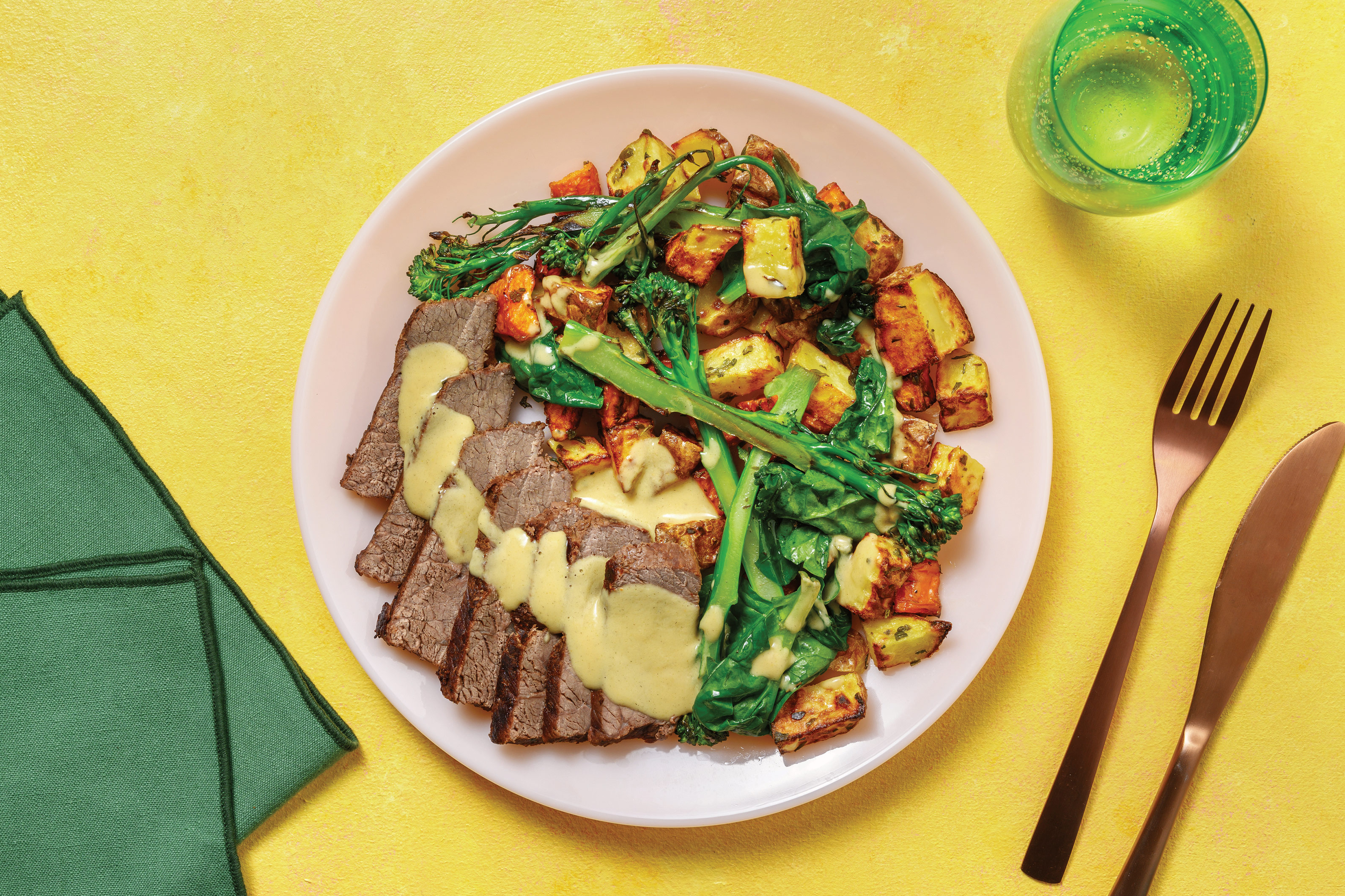 Beef Brisket & Worcestershire Gravy with Herbed Roast Veggies & Greens