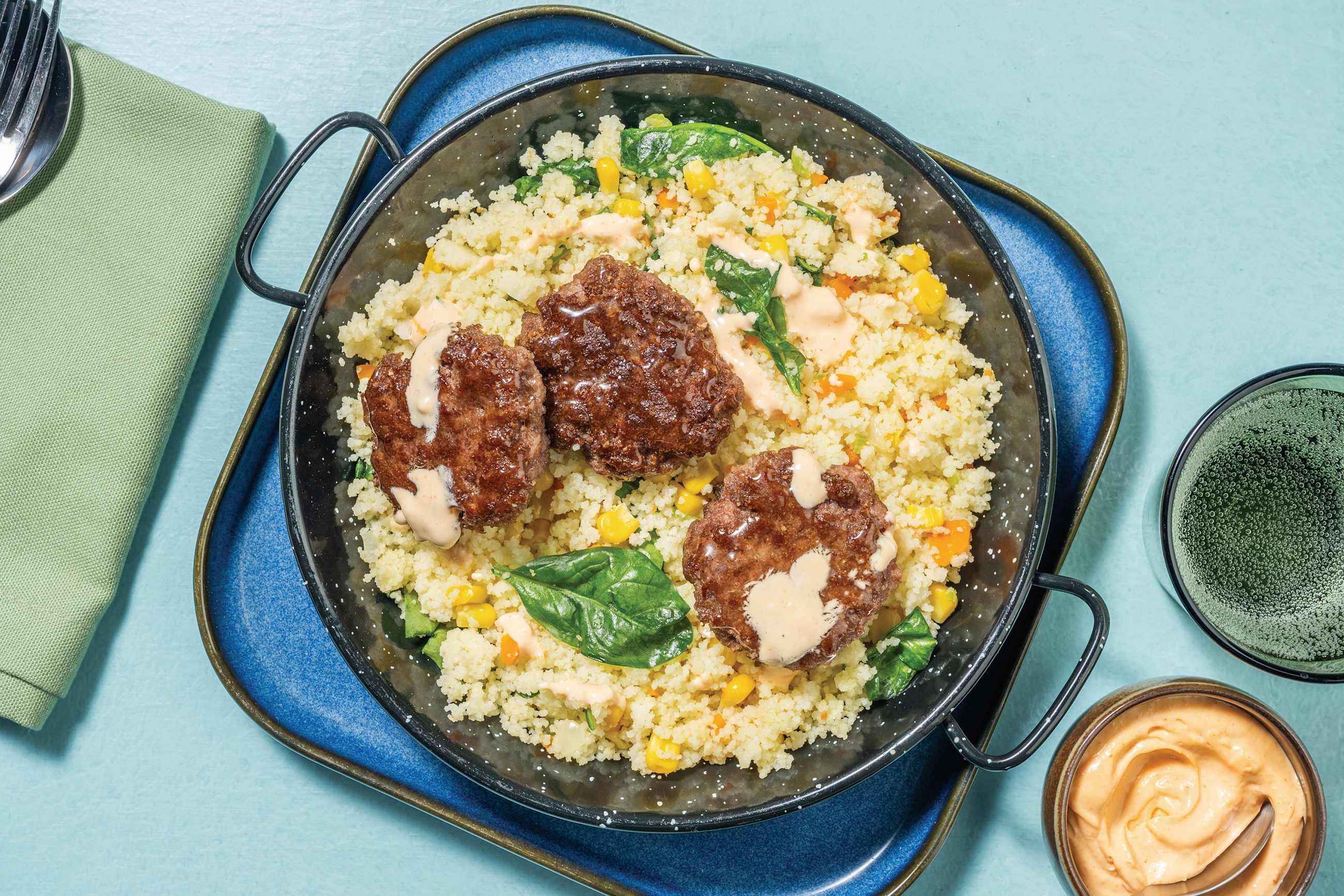 Glazed Pork Rissoles & Loaded Veggie Couscous