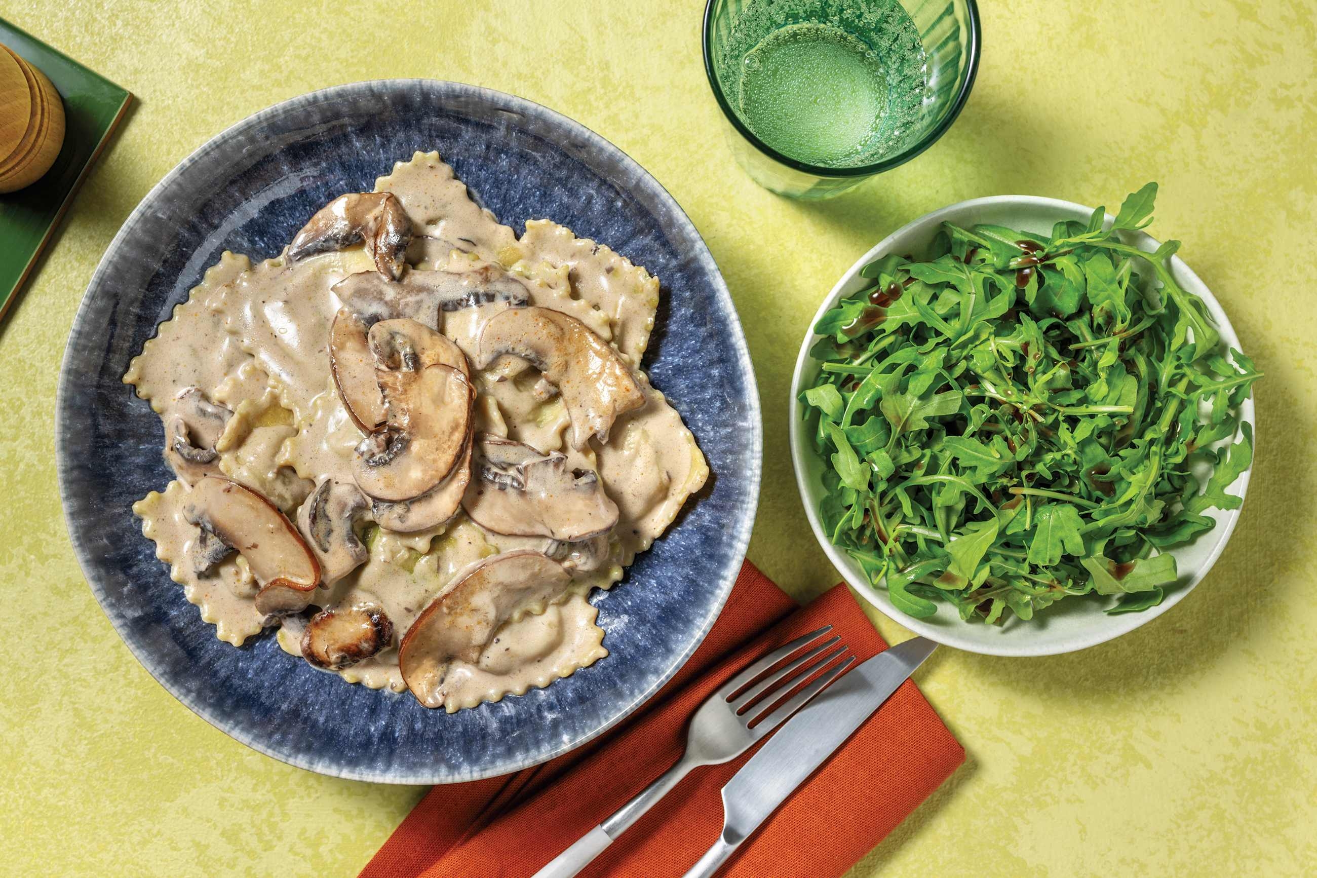 Plant-Based Ravioli & Creamy Mushroom Sauce