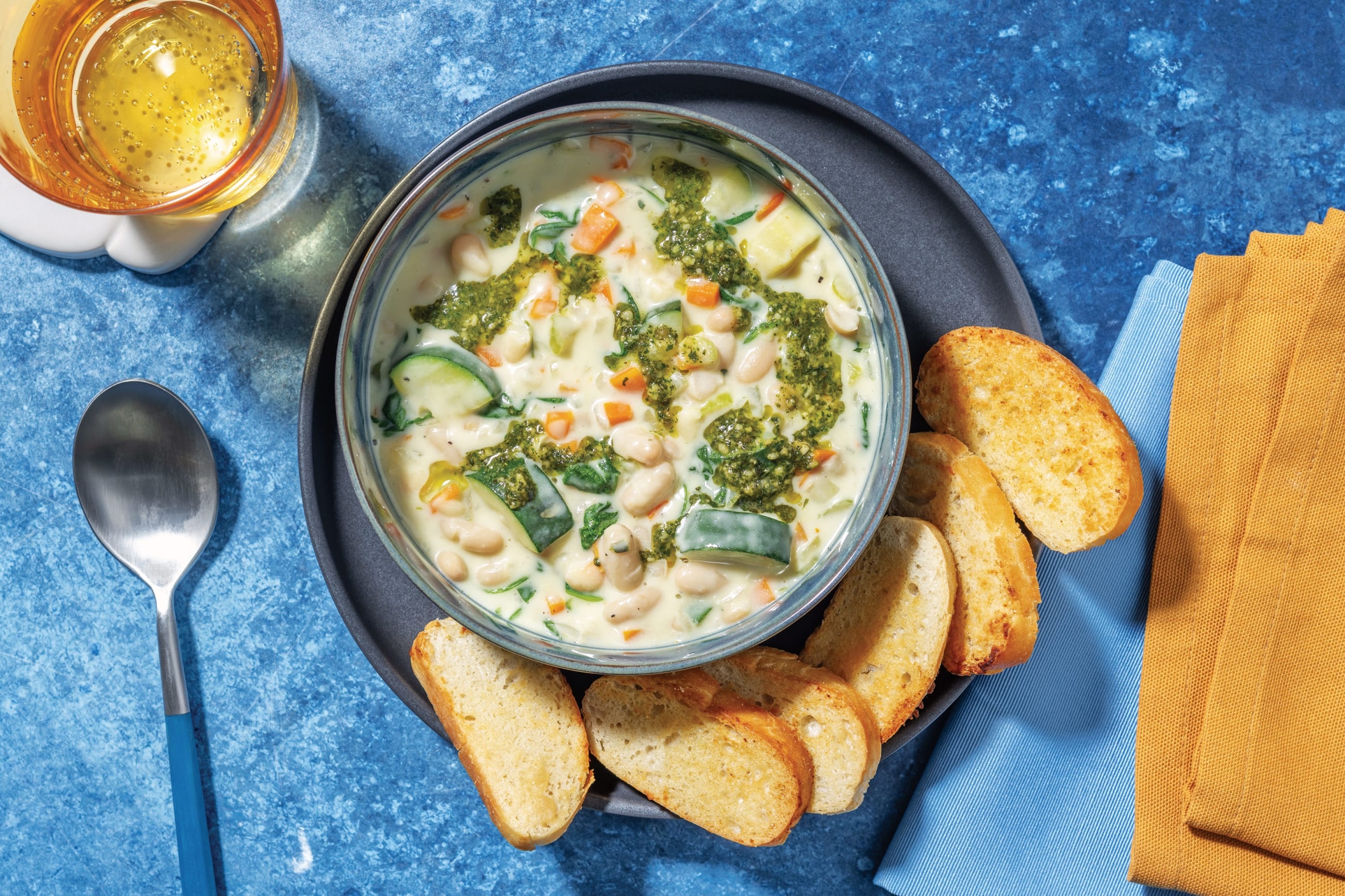 Creamy Mediterranean Bean, Chicken & Pesto Stew