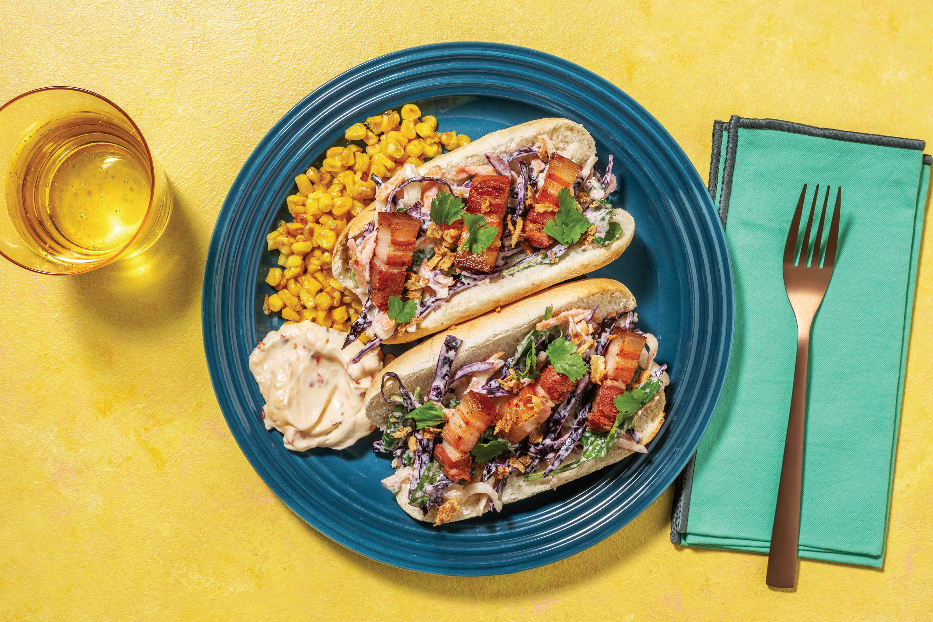 Asian Pork Belly Rolls & Creamy Slaw with Charred Corn & Sweet Chilli Aioli