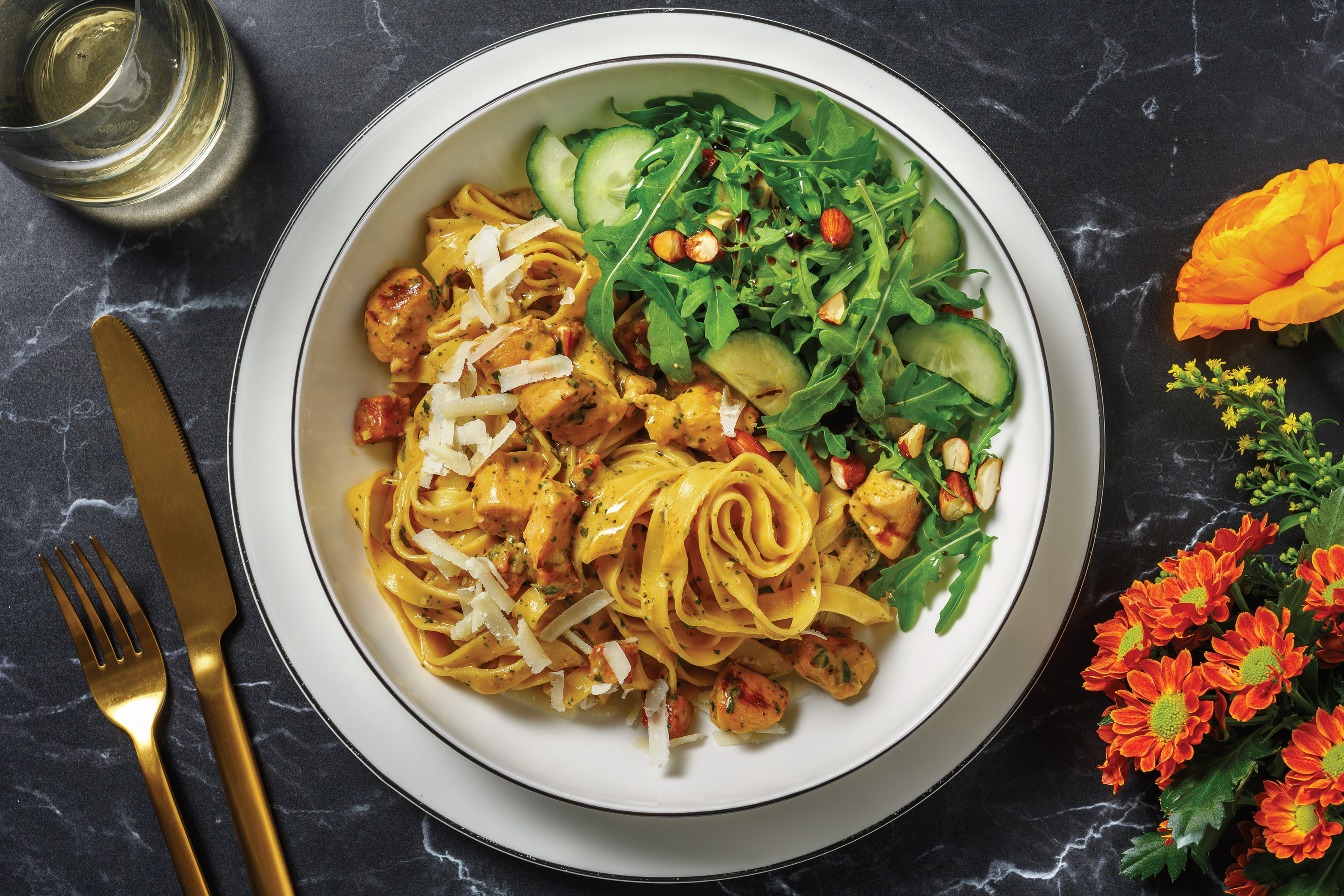 Creamy Basil Pesto Chicken & Chorizo Fettuccine