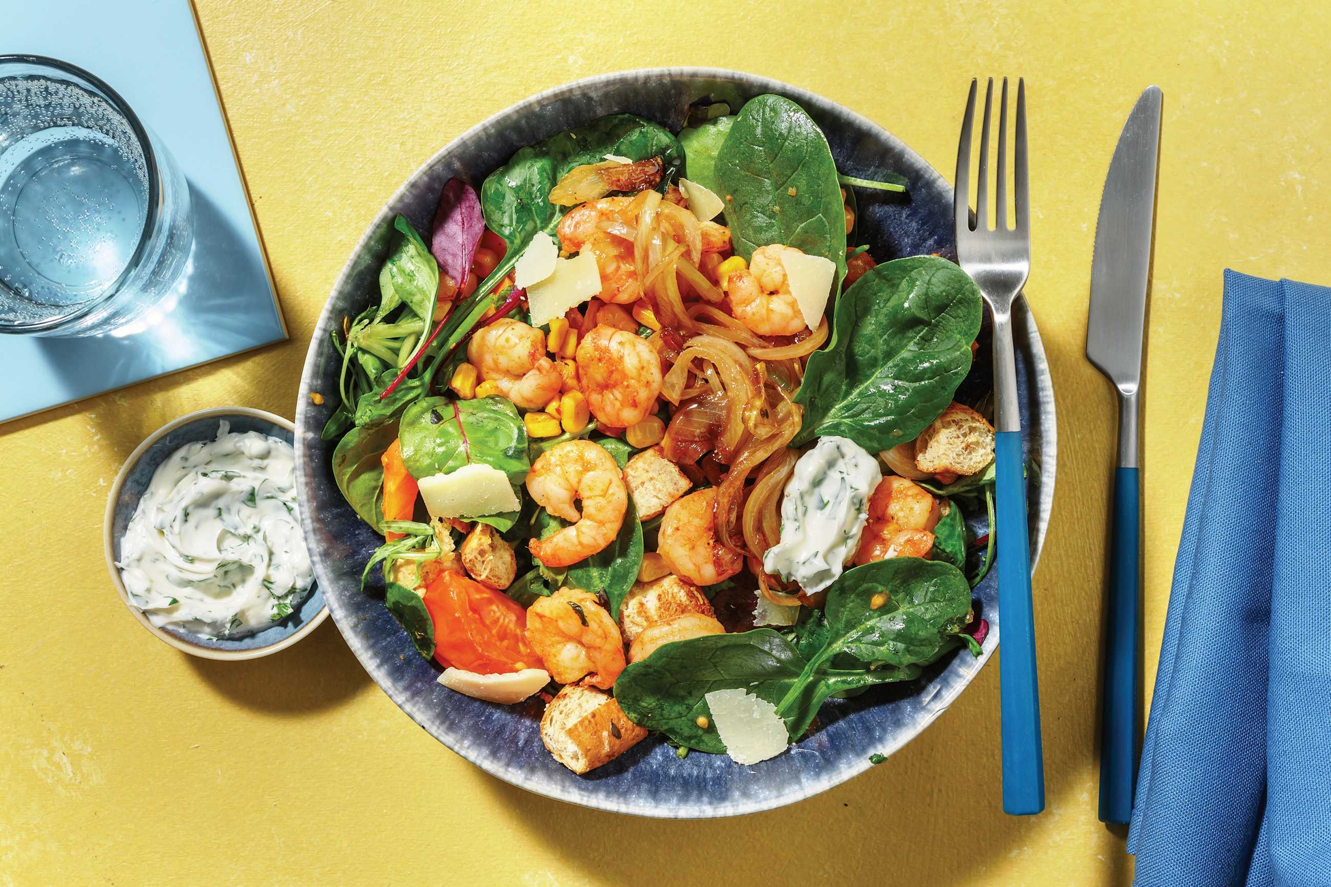Aussie-Spiced Double Prawns & Cheesy Crouton Salad
