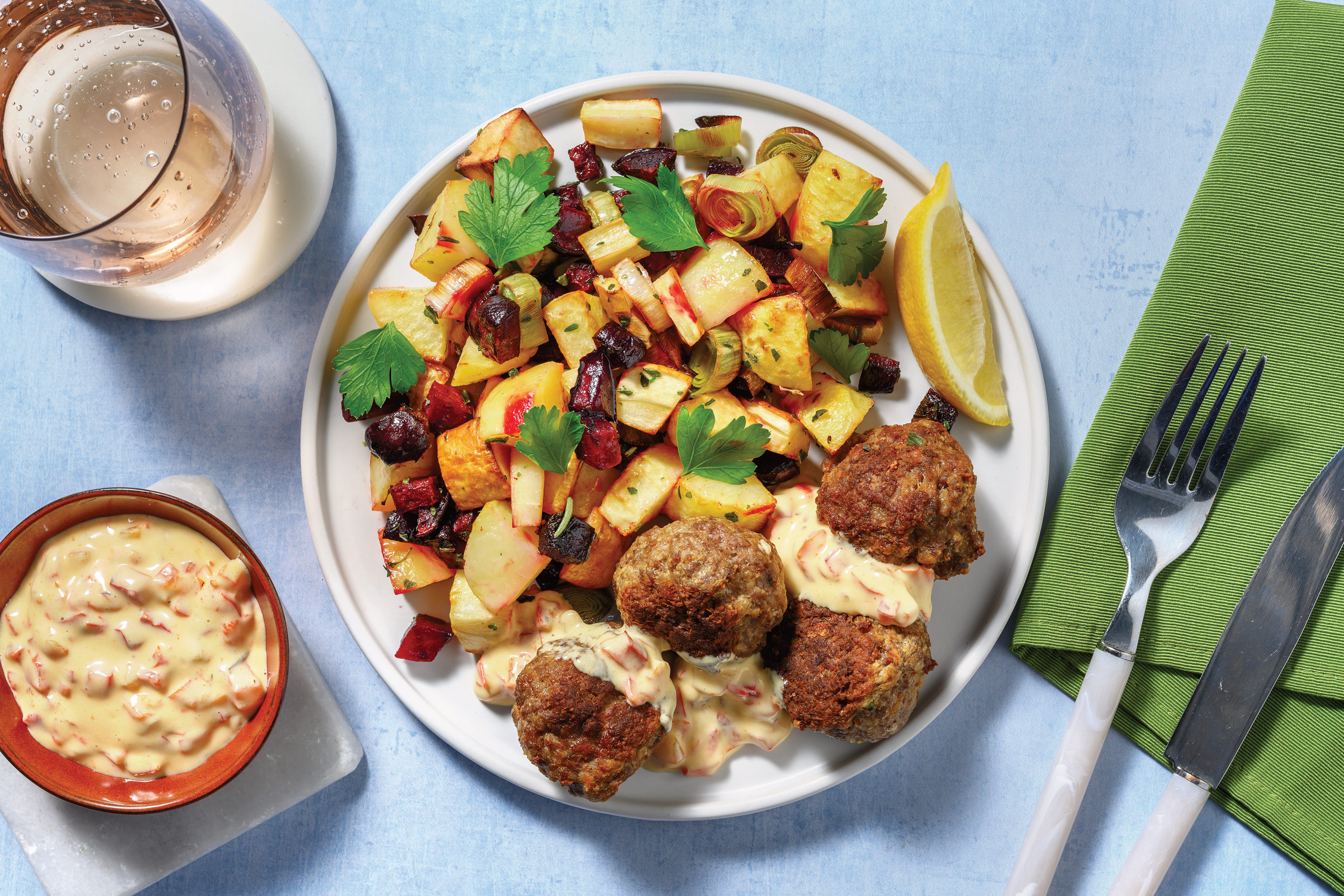Beef Meatballs & Lemony Roast Veggie Toss