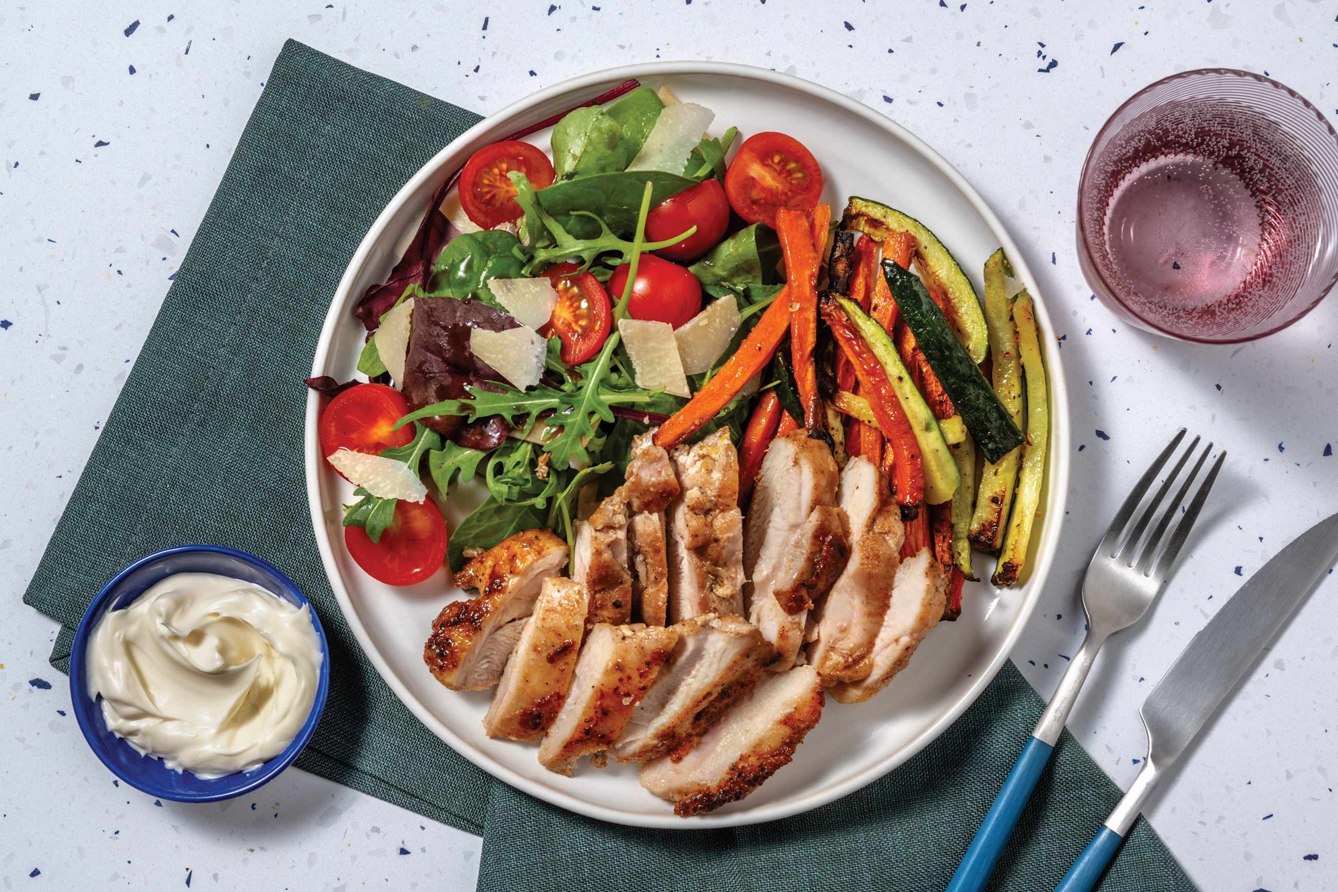 Seared Chicken & Rainbow Veggie Fries