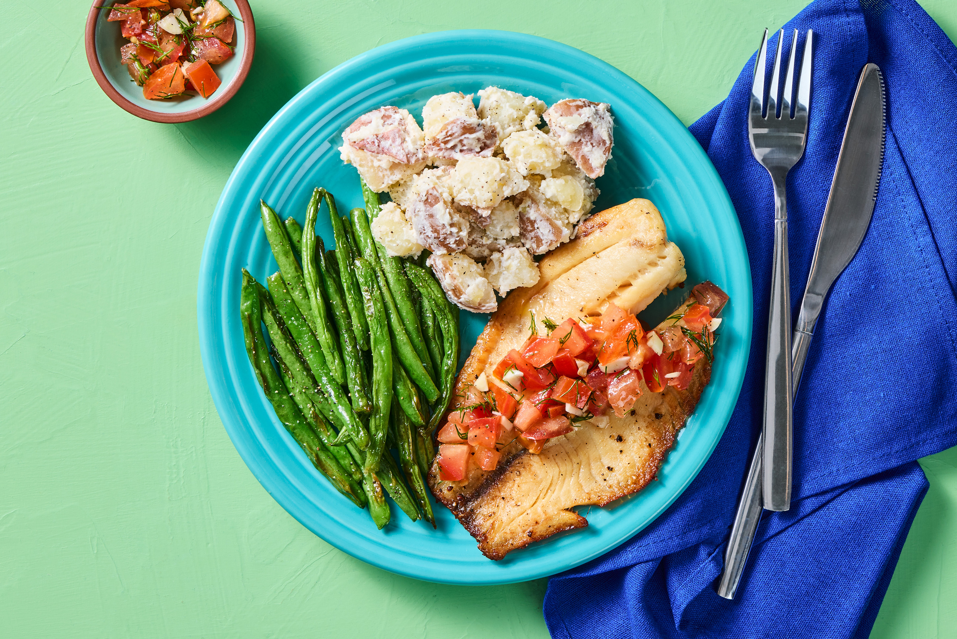 [SIDE SWAP GREEN BEANS TO ASPARAGUS] Baked Tilapia with Roasted Green Beans, Red Bliss Potatoes, and Tomato-Dill "Salsa"