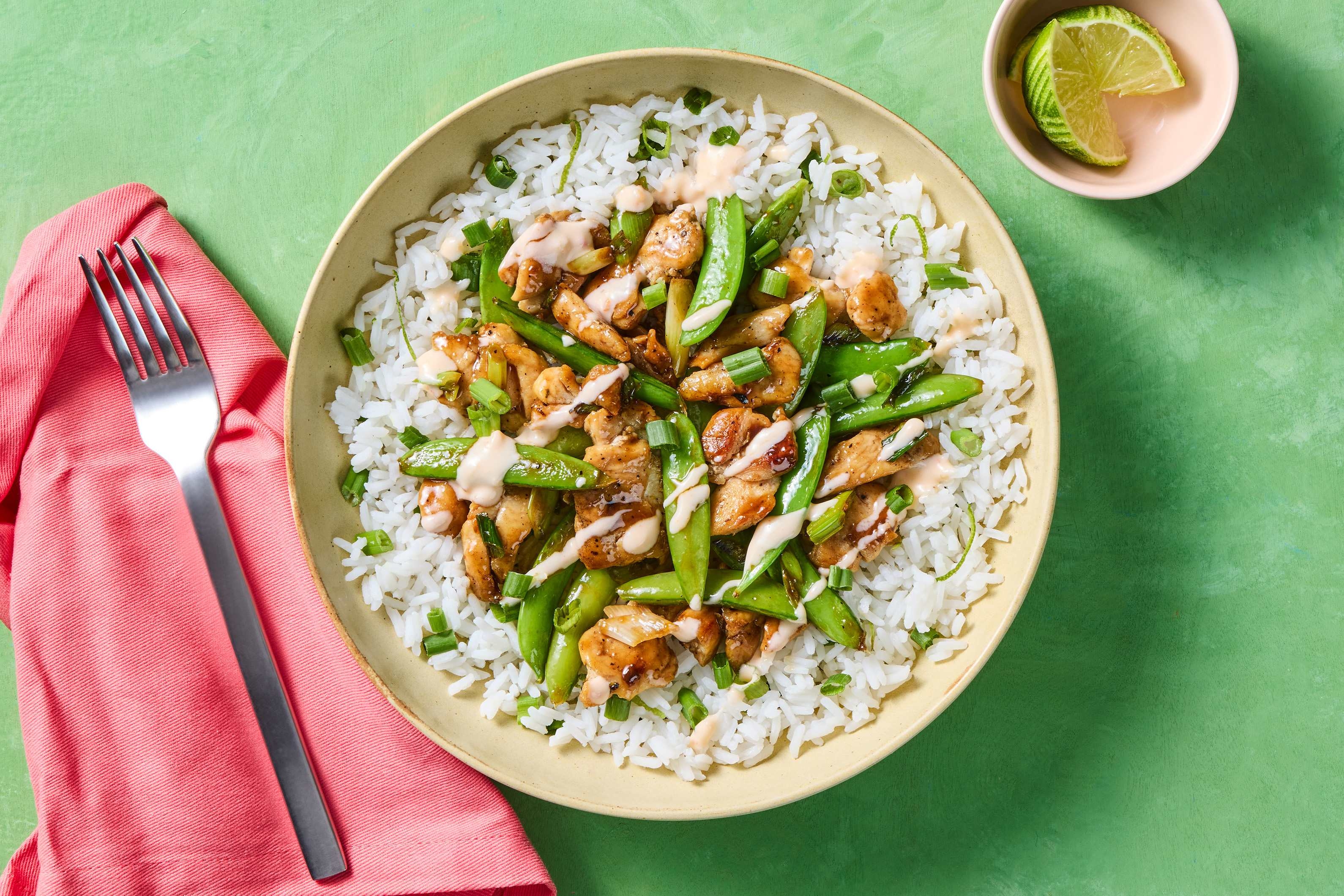 [SIDE CARB SWAP JASMINE RICE TO CAULIFLOWER RICE] Hoisin Glazed Chicken and Snap Peas with Lime Scallion Rice and Creamy Chili Sauce