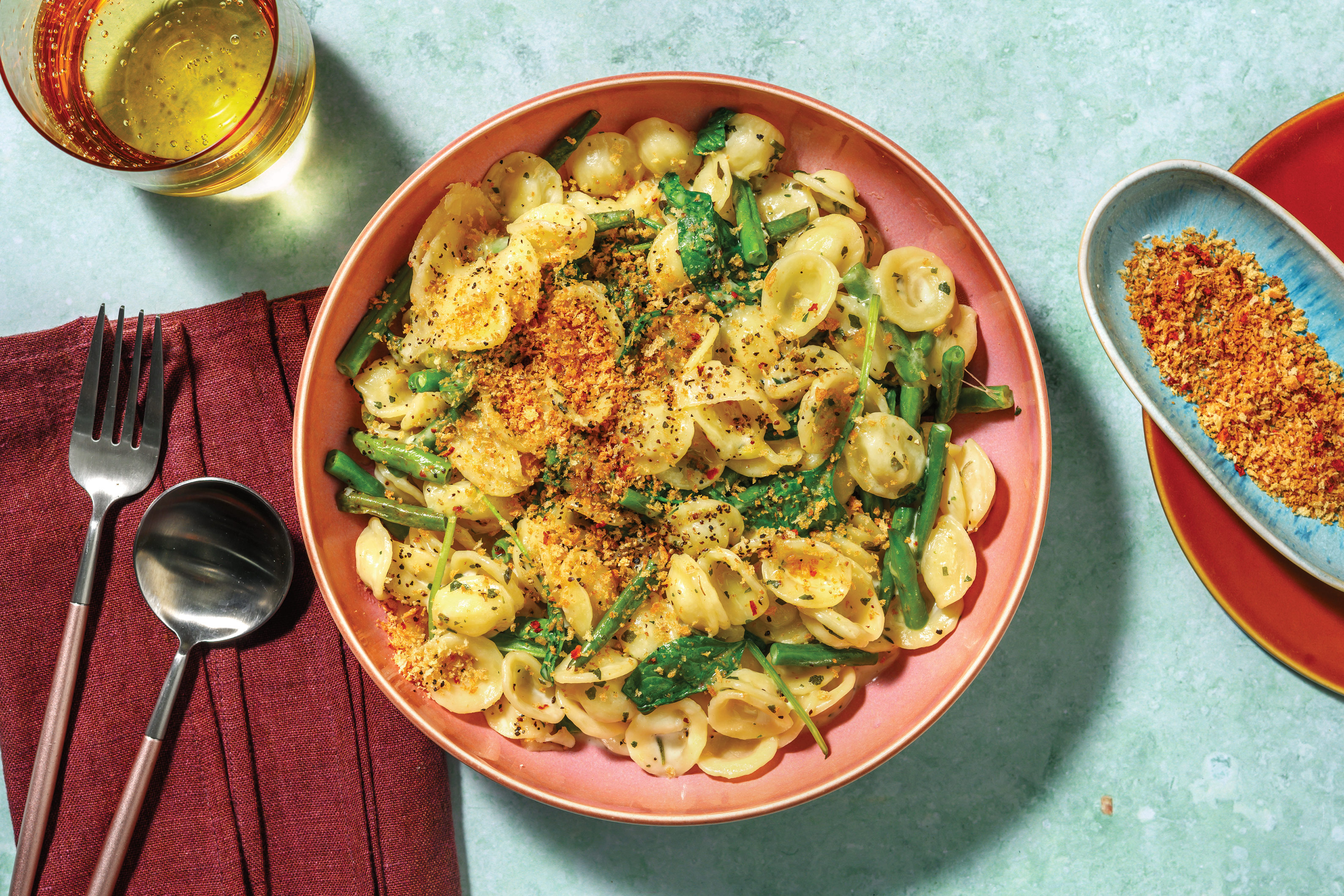 Cheesy Bacon Orecchiette & Basil Pesto 