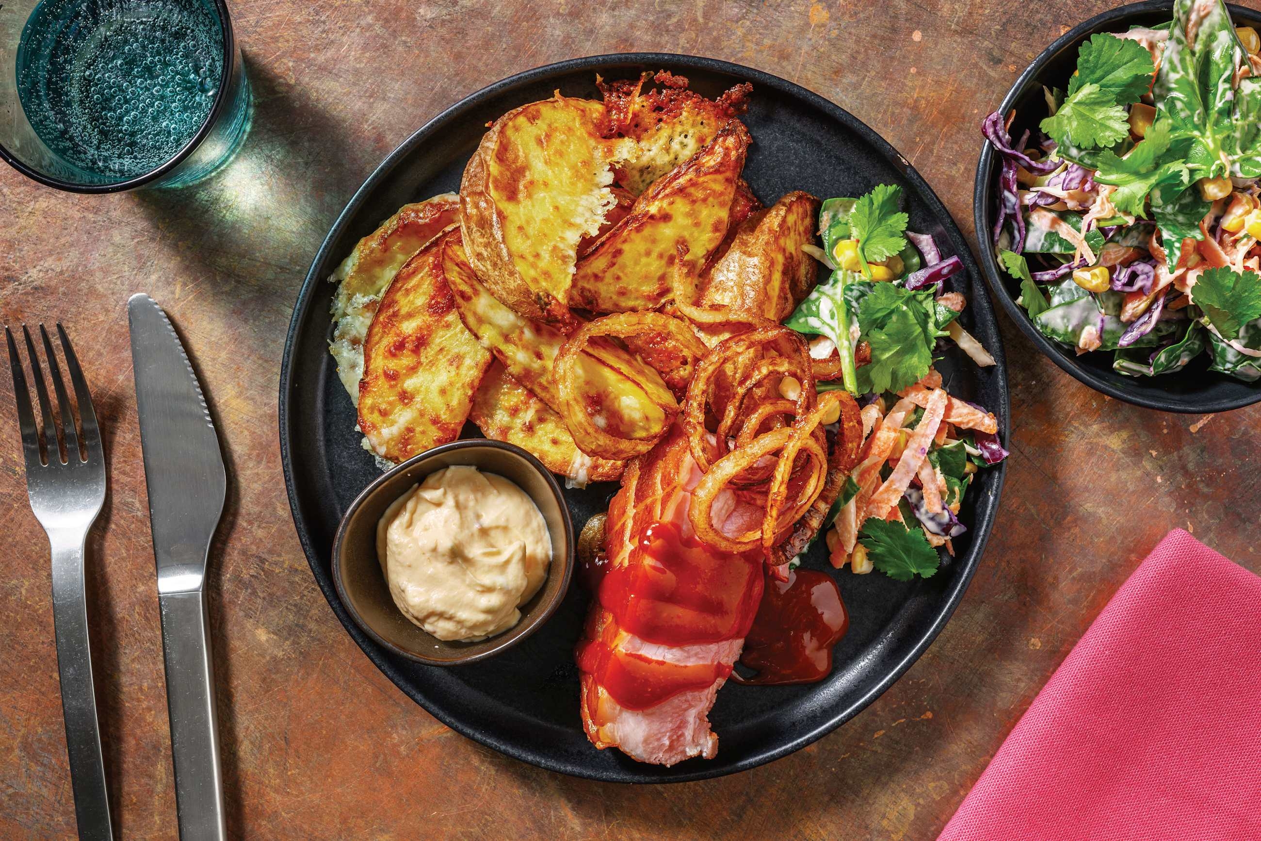 Buffalo Pork Belly & Cheesy Moemoe Potato Wedges