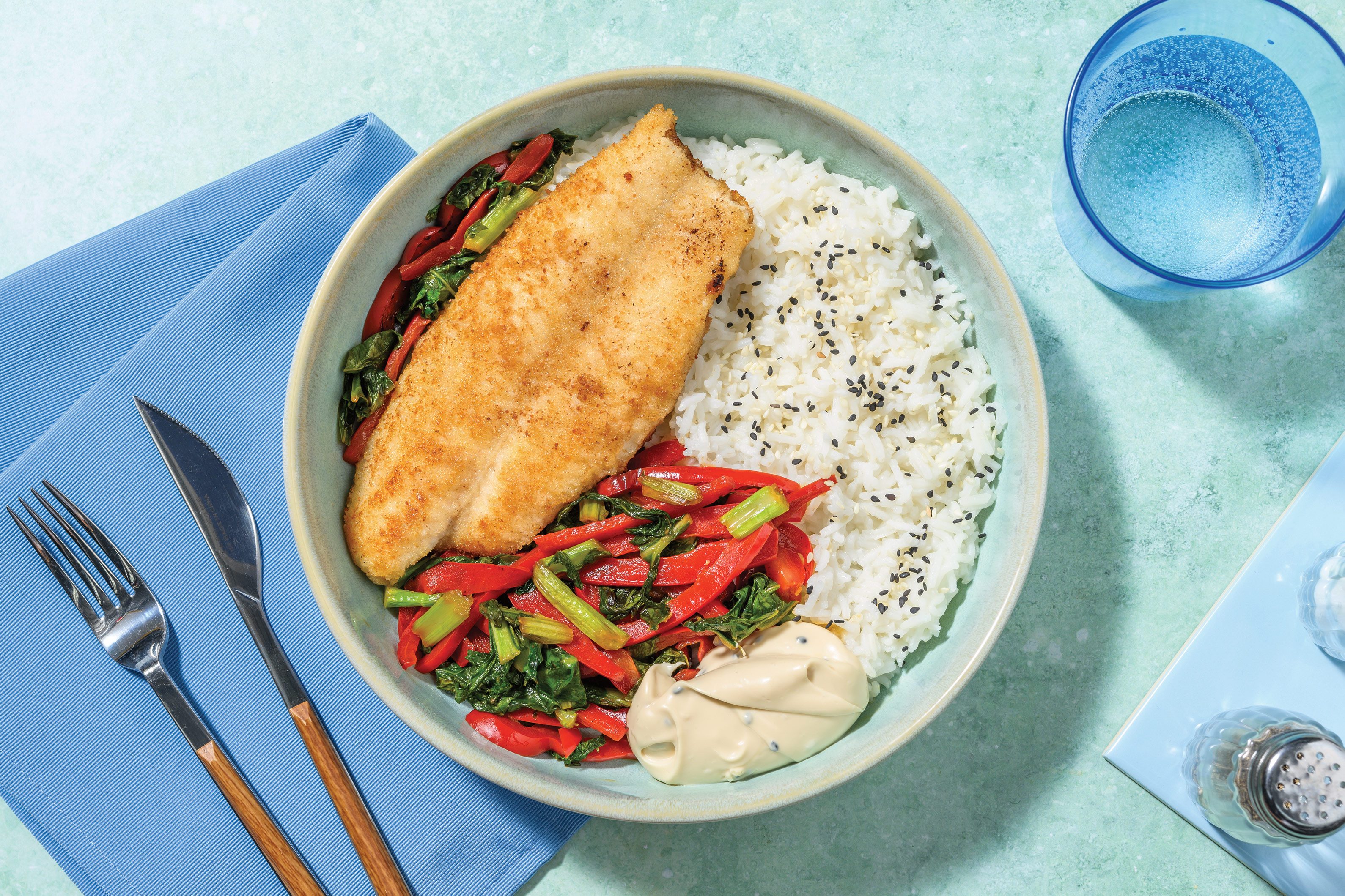 Crumbed Fish & Garlic Rice Bowl