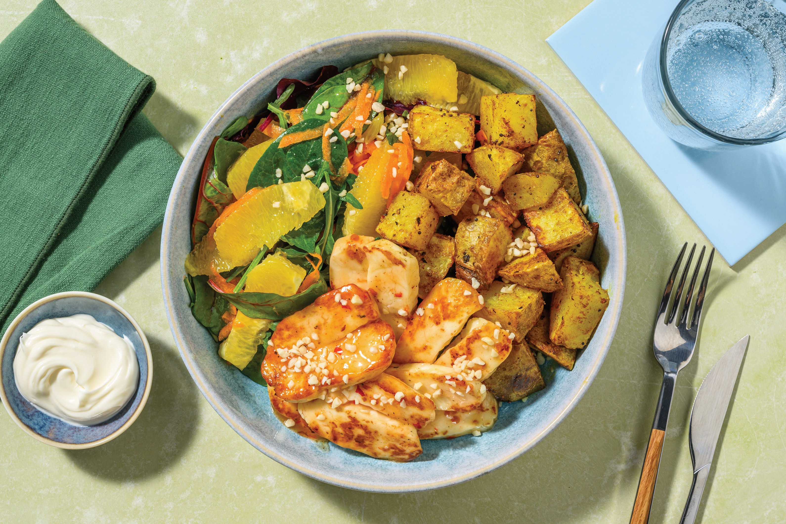 Sweet Chilli-Glazed Chicken, Haloumi & Bombay Potatoes