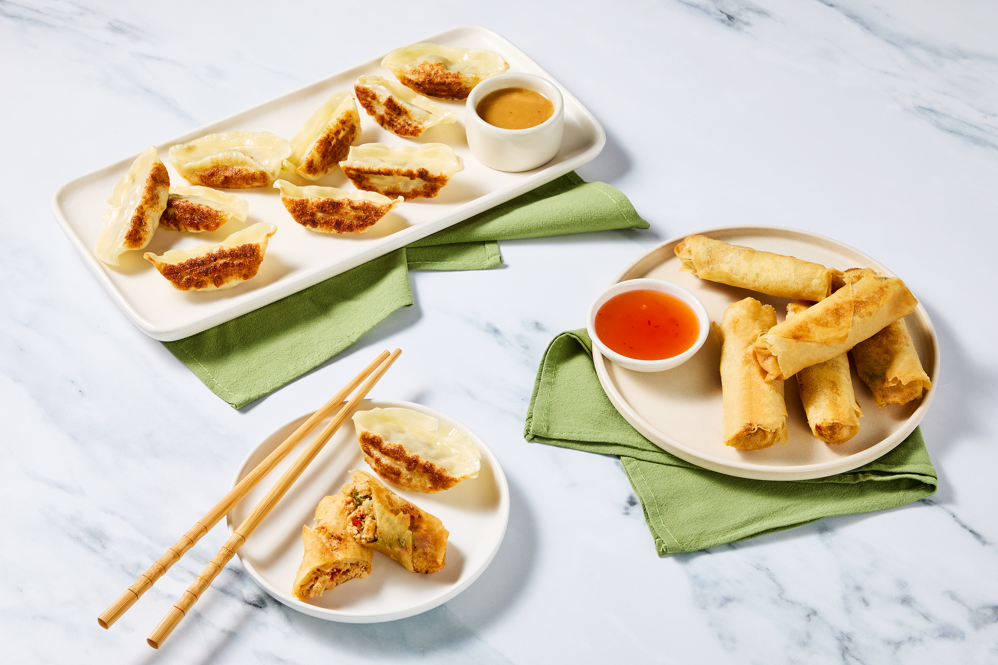 Sesame Ginger Chicken Dumplings & Thai Basil Chicken Spring Rolls