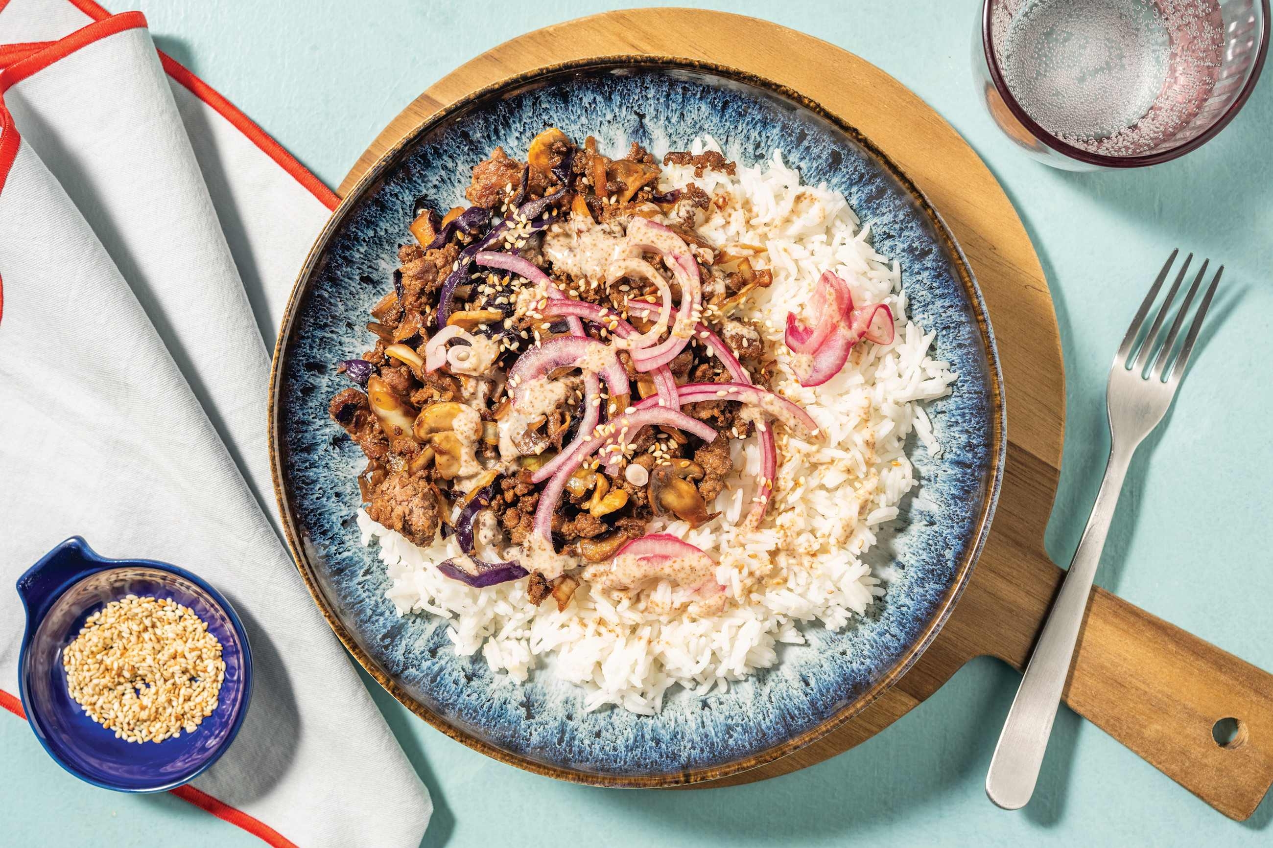 Teriyaki Beef, Pork & Mushroom Rice Bowl