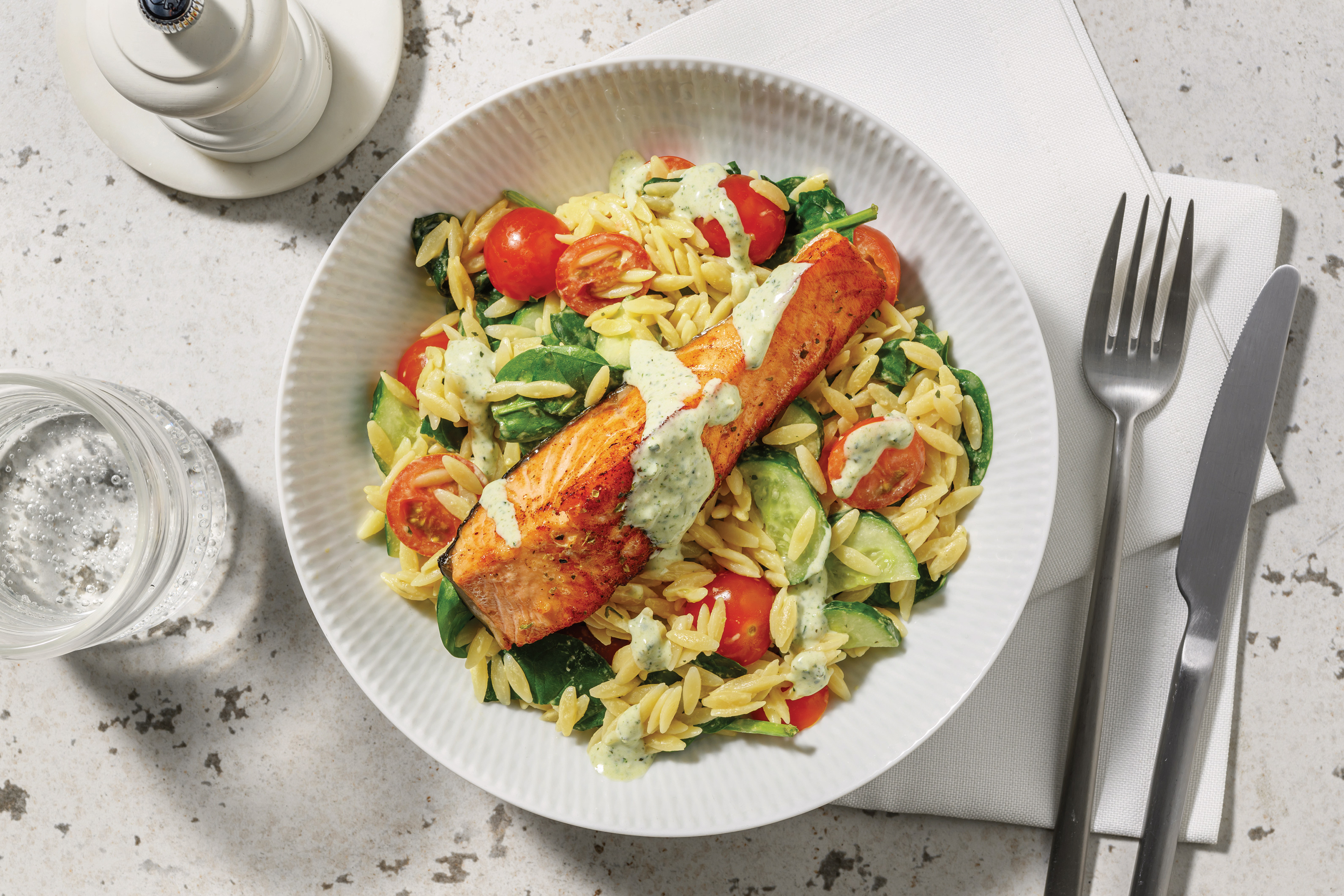 Garlicky Salmon & Warm Risoni Salad