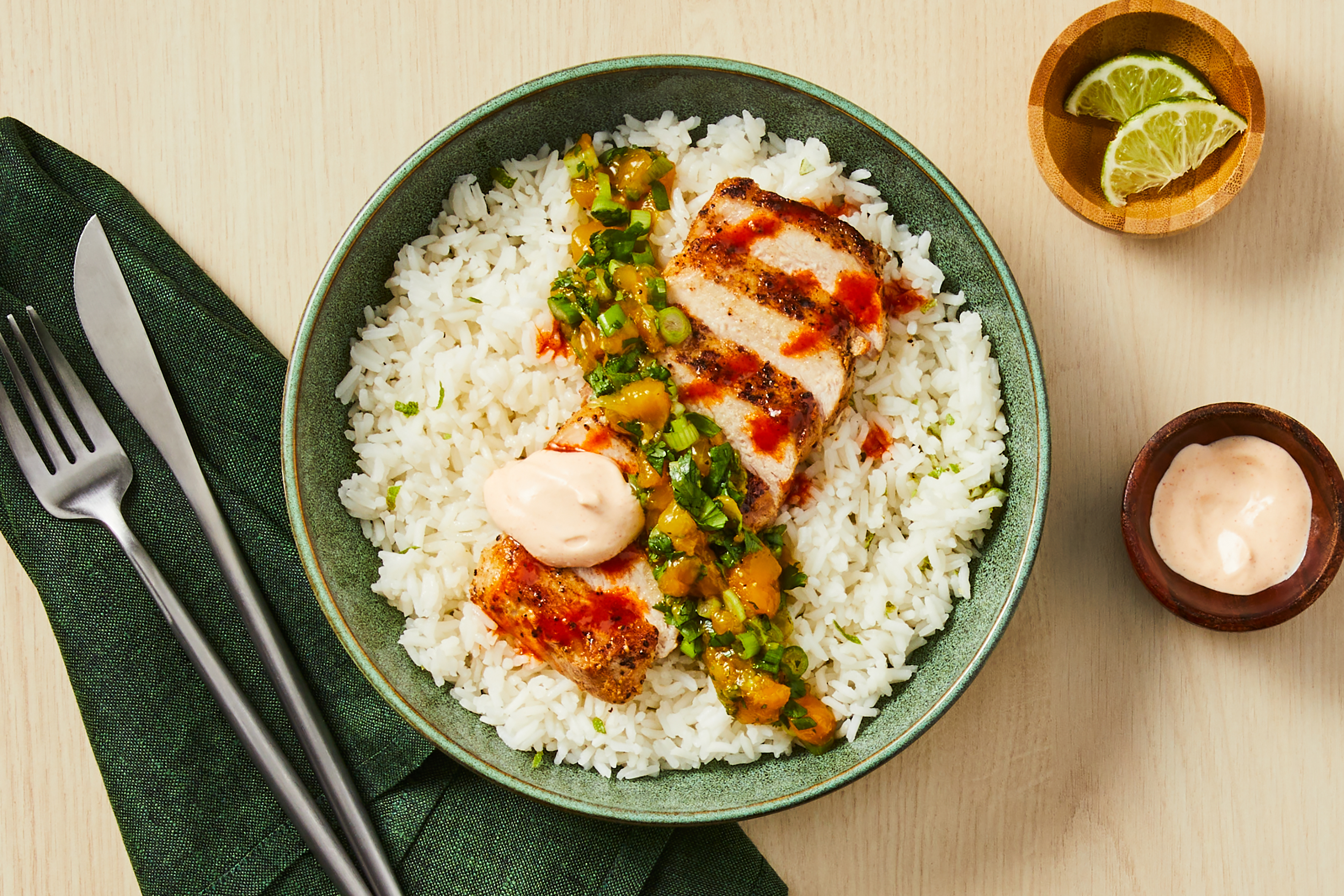 [UPGRADE PORK CHOPS TO BAVETTE STEAK] MA/CA only Compliant Al Pastor Pork Chops with Mango Salsa and Smoky Red Pepper Crema over Lime Rice (Pork Chop 10oz)