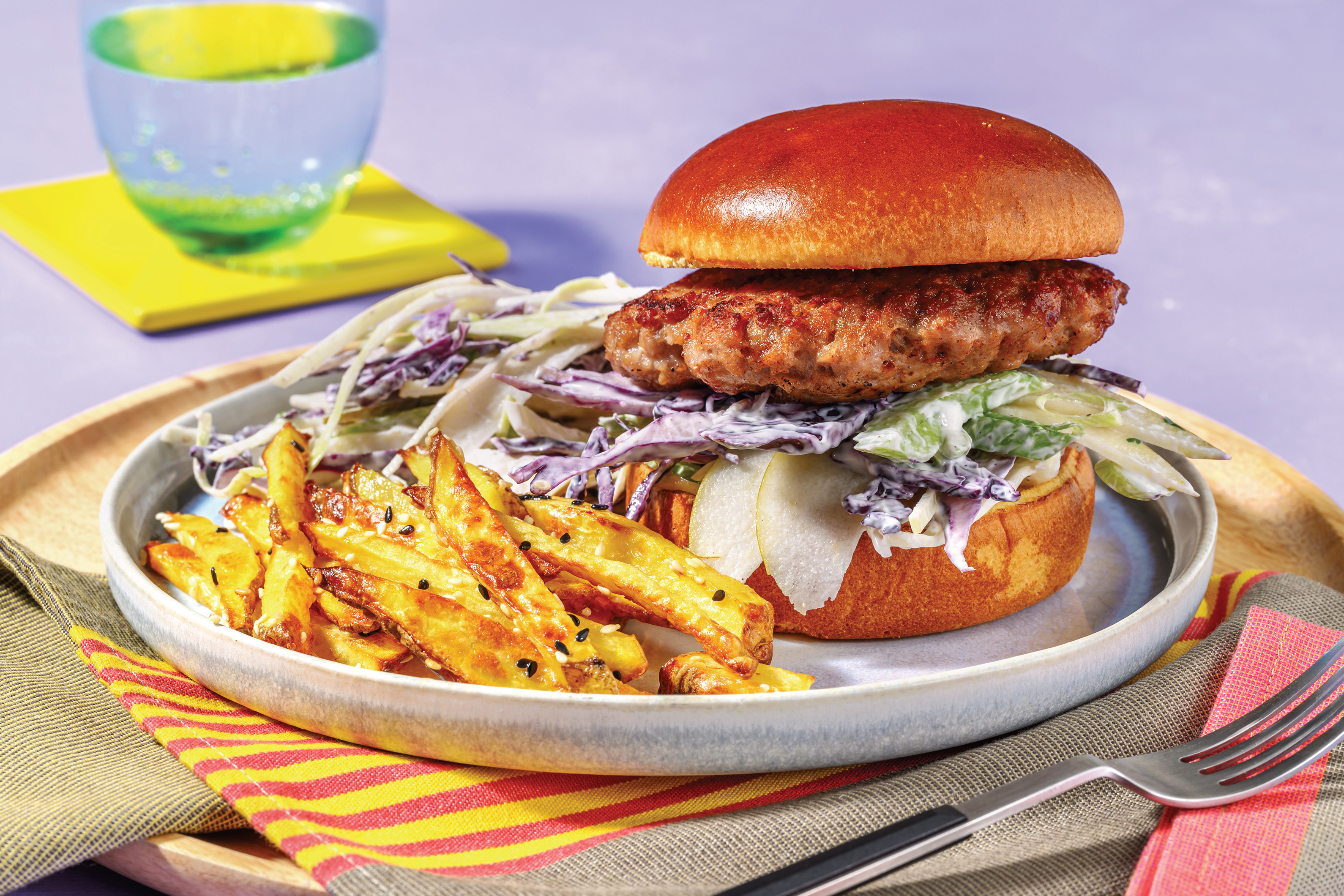 Teriyaki-Glazed Pork Burger & Sesame-Bacon Fries