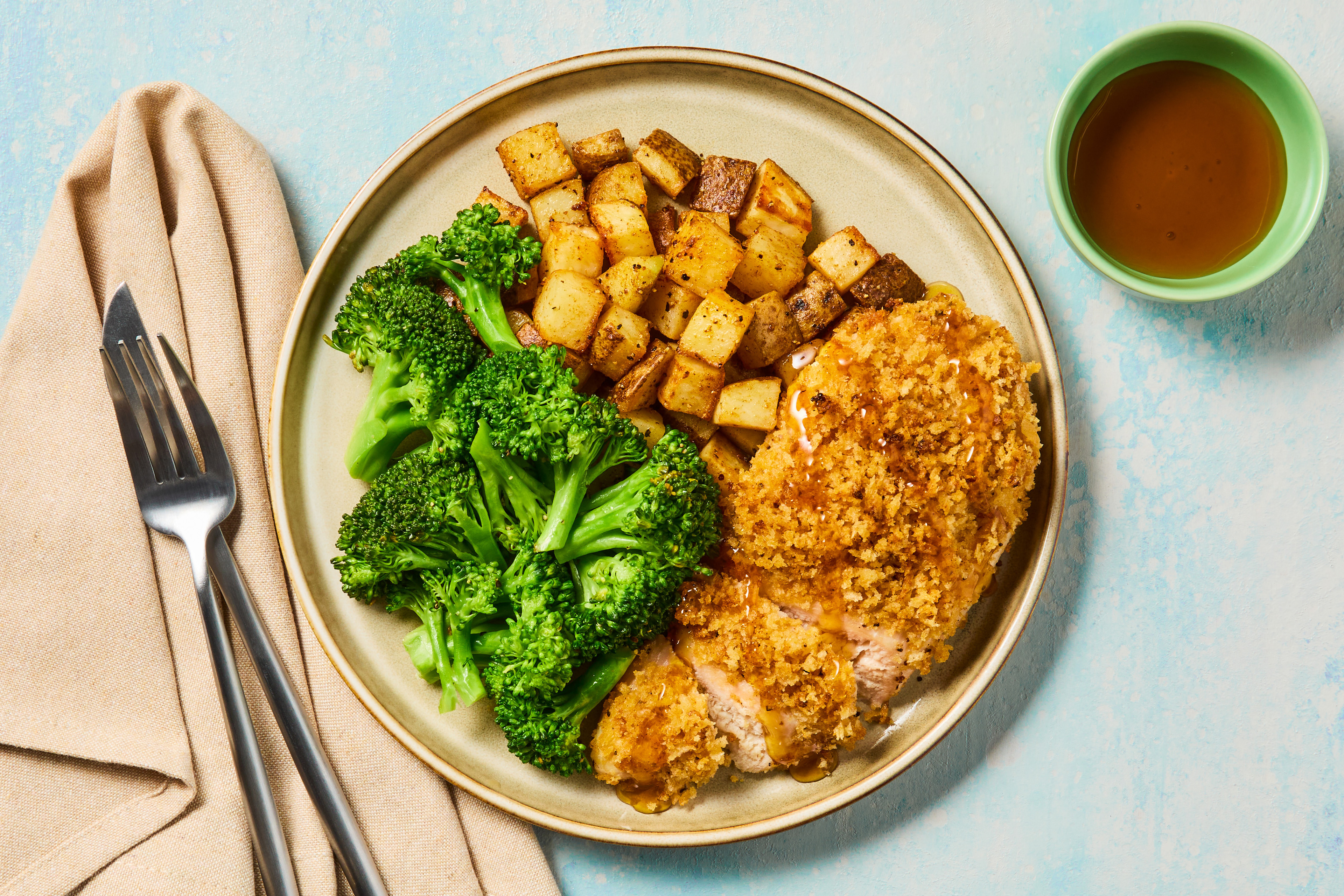 [UPGRADE CHICKEN CUTLETS TO BACON] Crispy-Topped Chicken Cutlets With Hot Honey, Bbq-Roasted Potatoes And Buttery Broccoli