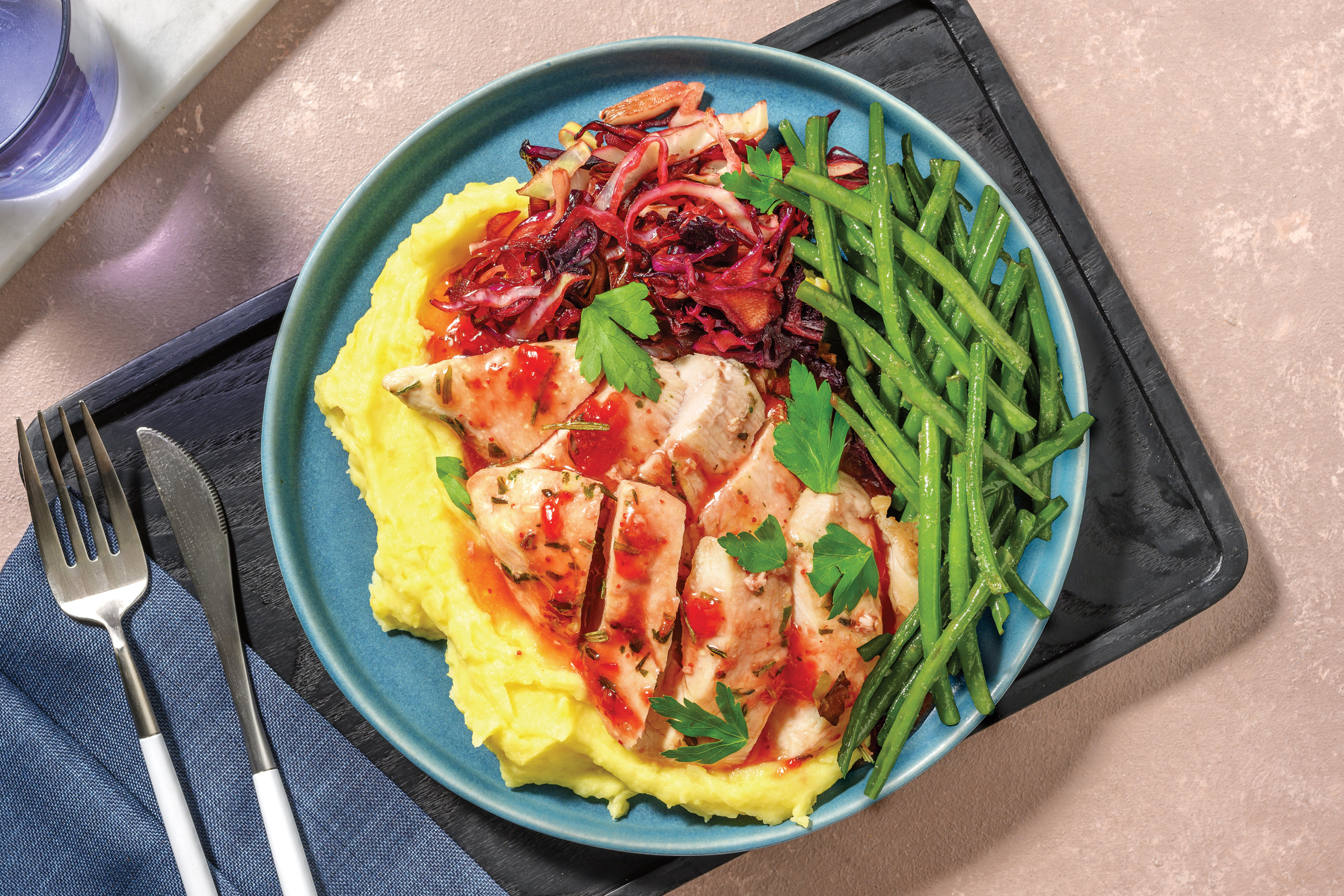 Herby Cherry-Glazed Chicken & Garlic Mash