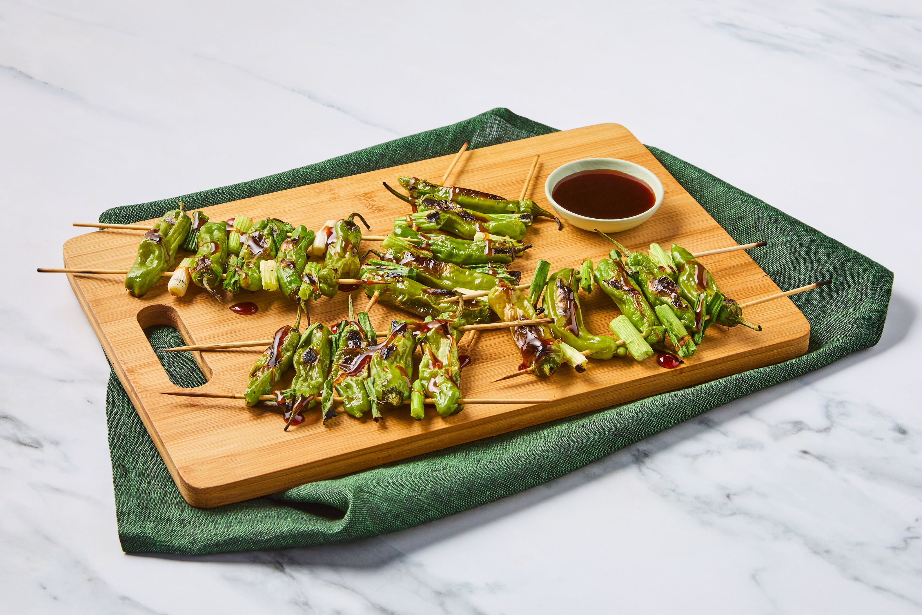 Blistered Shishito Pepper & Scallion Skewers 