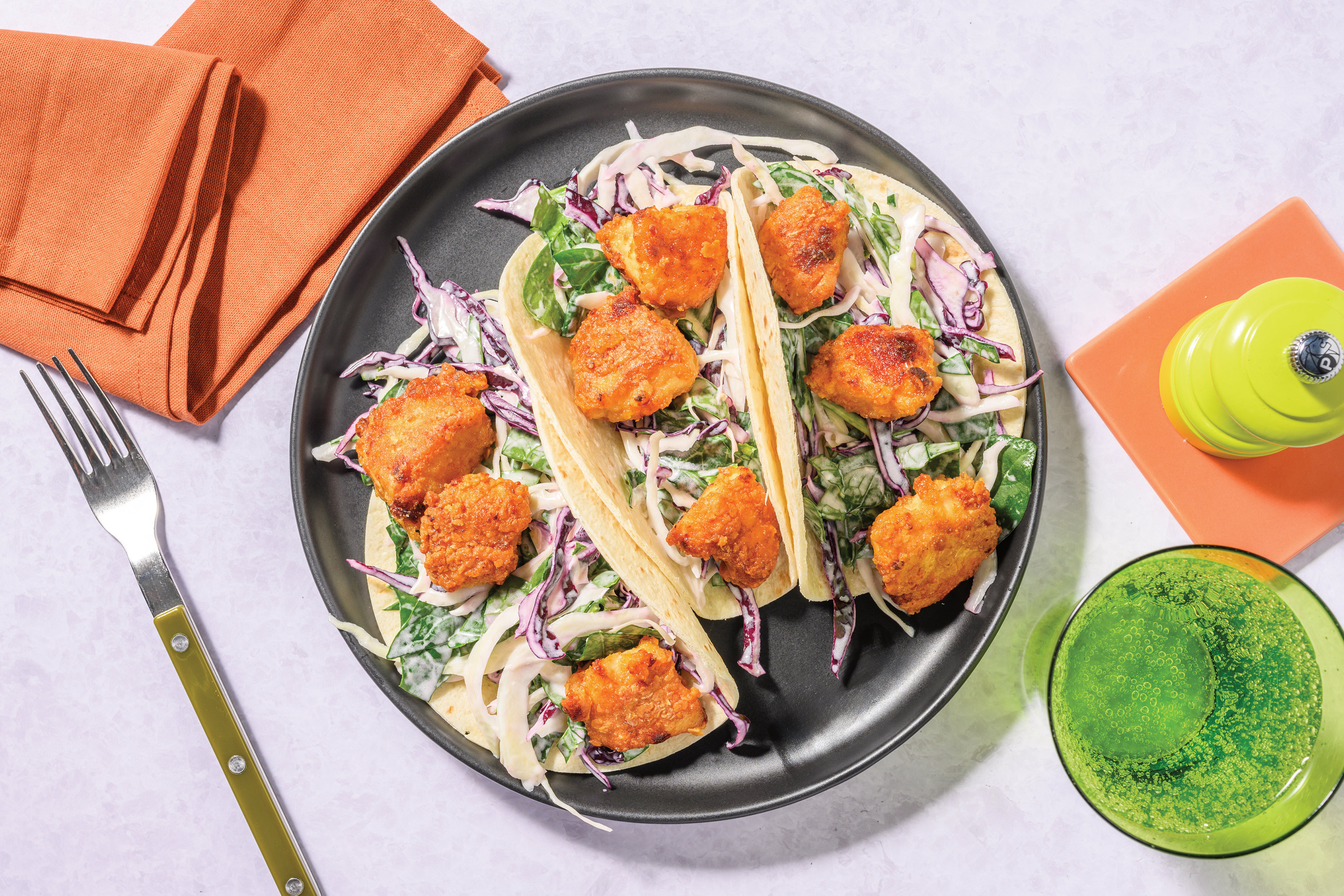 Sichuan Glazed Fried Chicken & Slaw Tacos