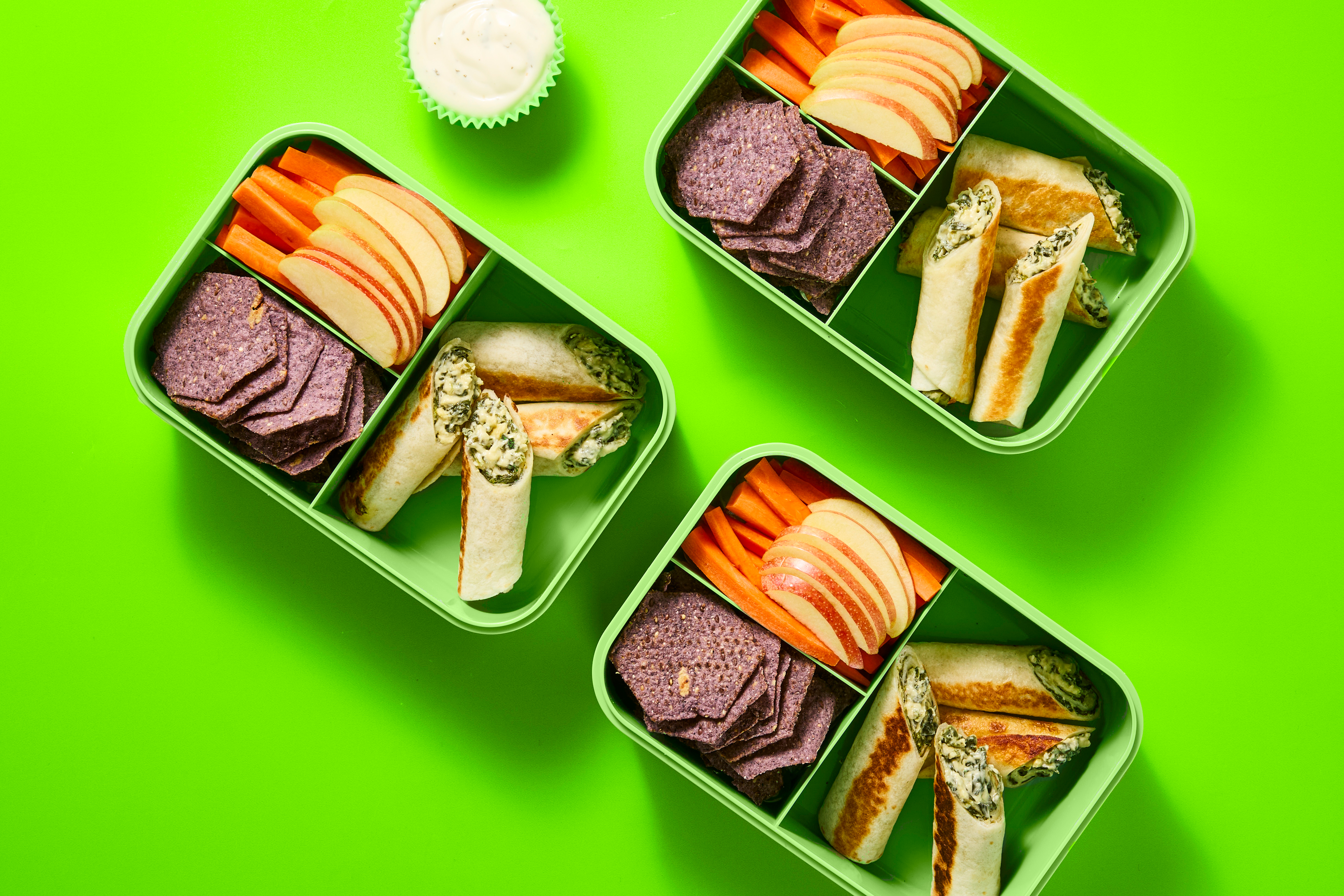 Assemble & Eat Kid's Lunch Cheesy Spinach Roll Ups with Ranch Dipper, Apple, Carrot, & Tortilla Chips