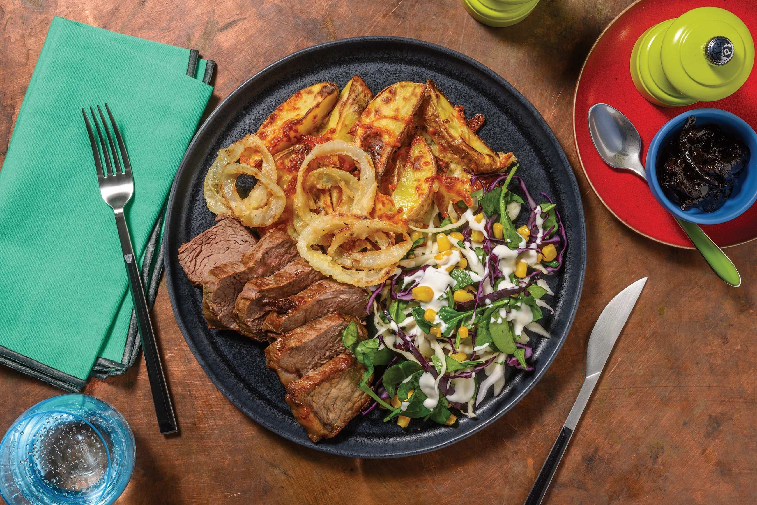 Sticky Beef Brisket & Onion Rings