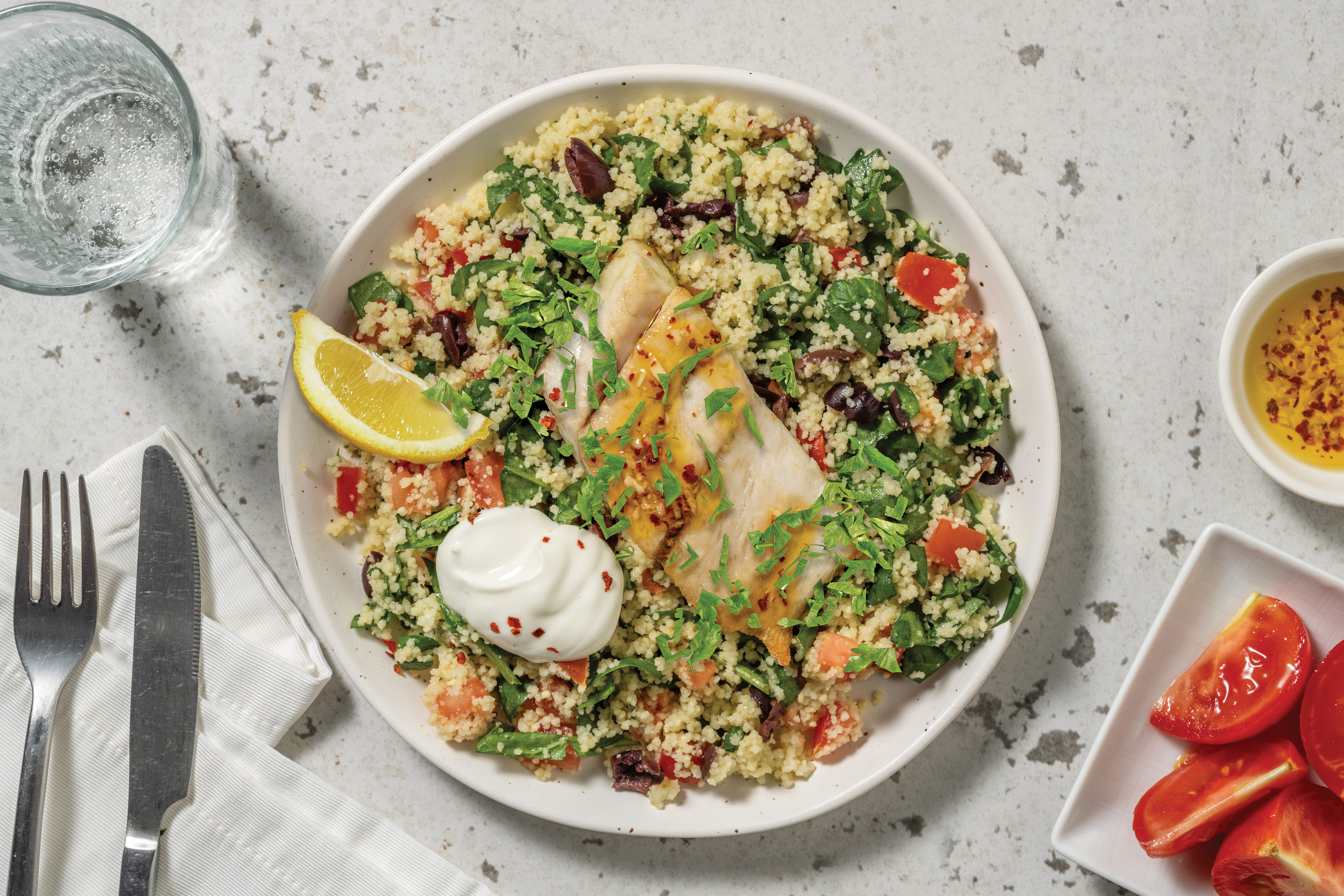 Crumbed Basa & Zesty Olive Couscous Salad