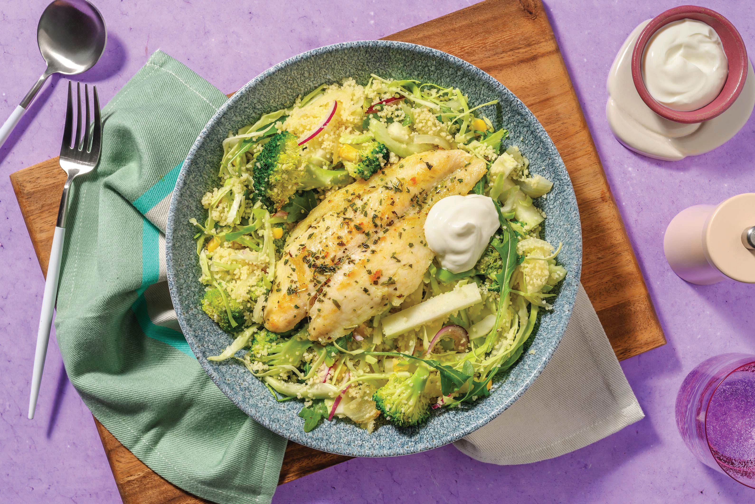 Double Garlic-Herb Fish & Veggie Freekah Salad