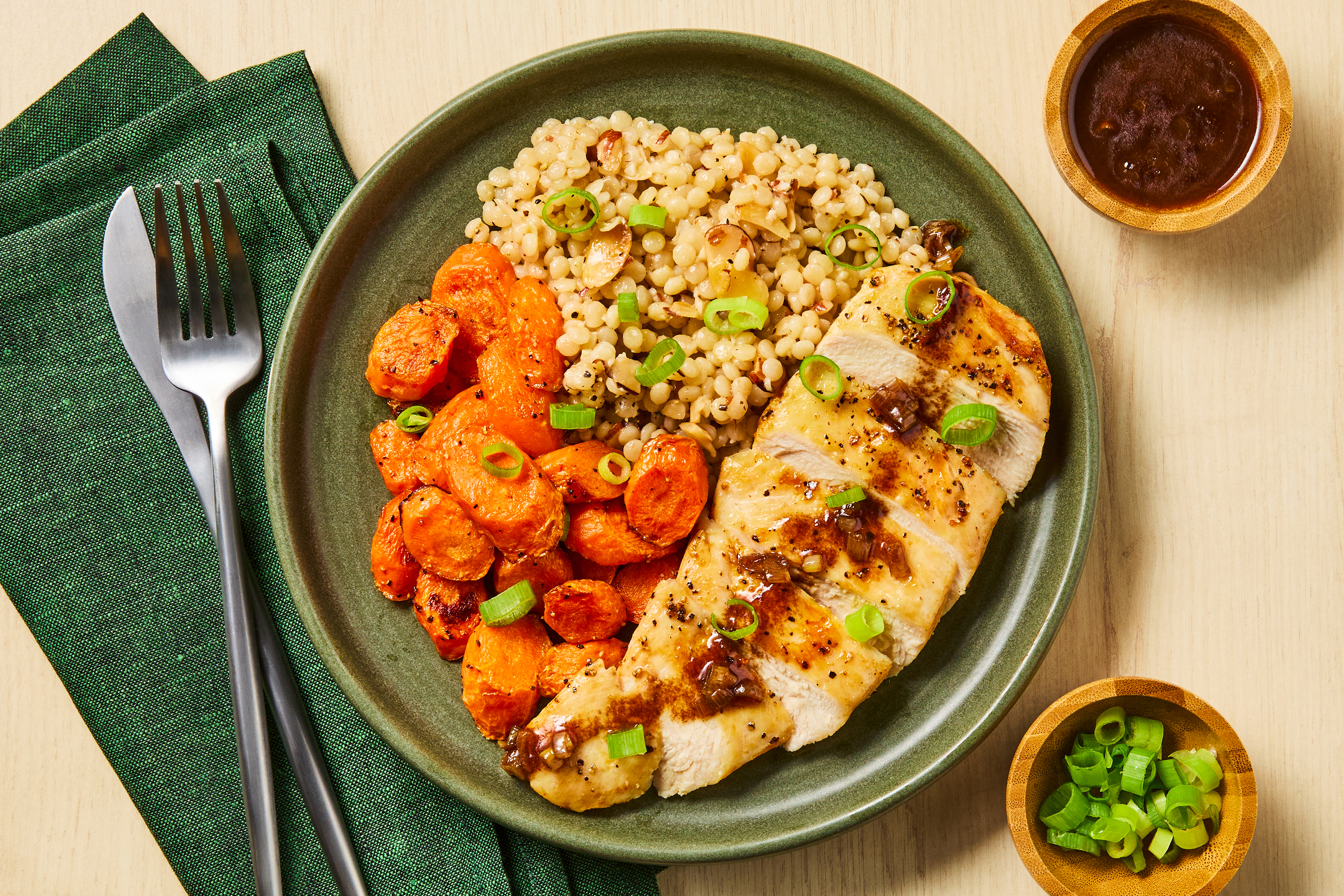 [SIDE VEG SWAP CARROTS TO BRUSSELS SPROUTS] Cherry Balsamic Chicken Cutlet With Roasted Carrots And Almond Couscous (0.5 oz Almonds)