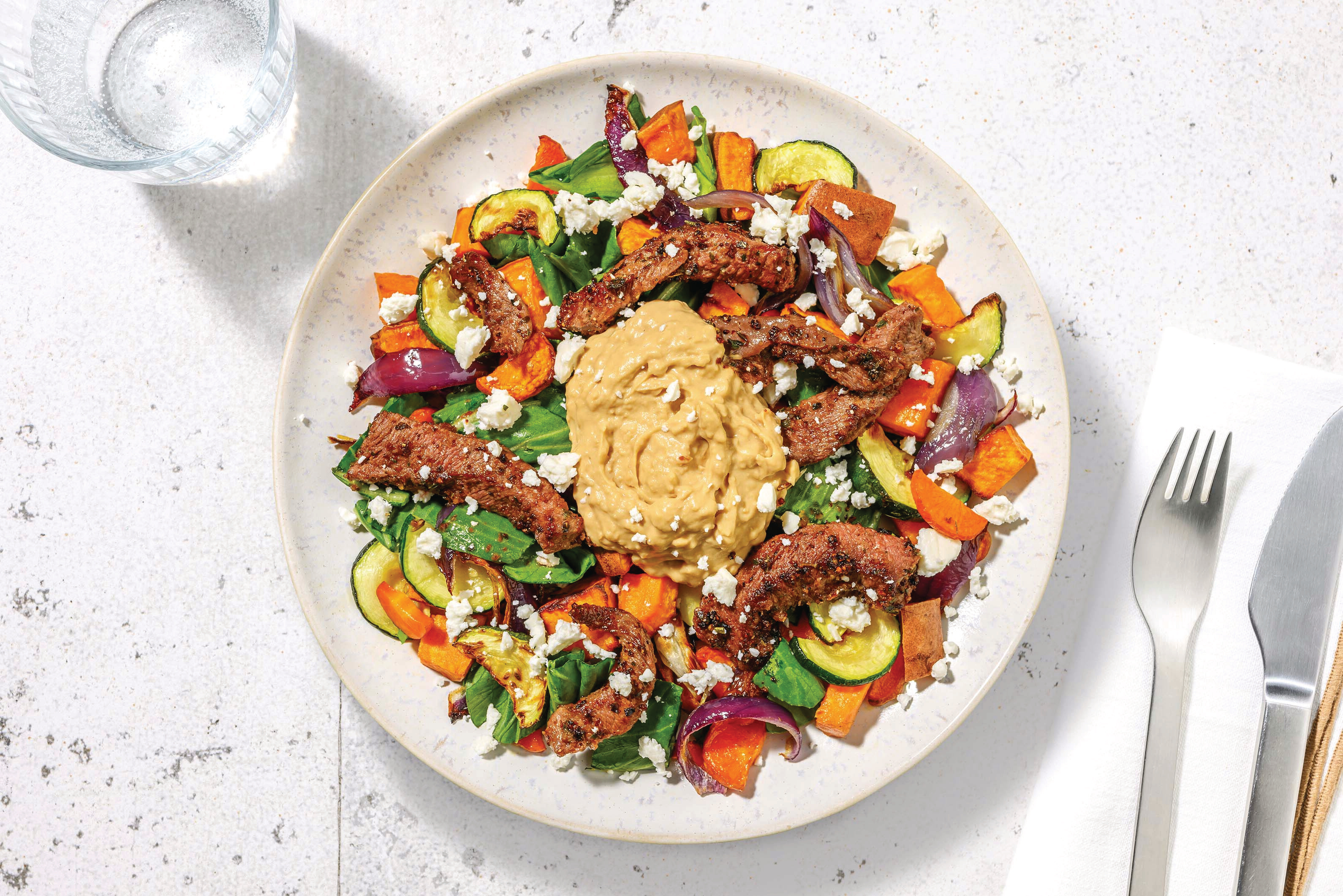 Garlicky Beef & Roast Veggie Toss