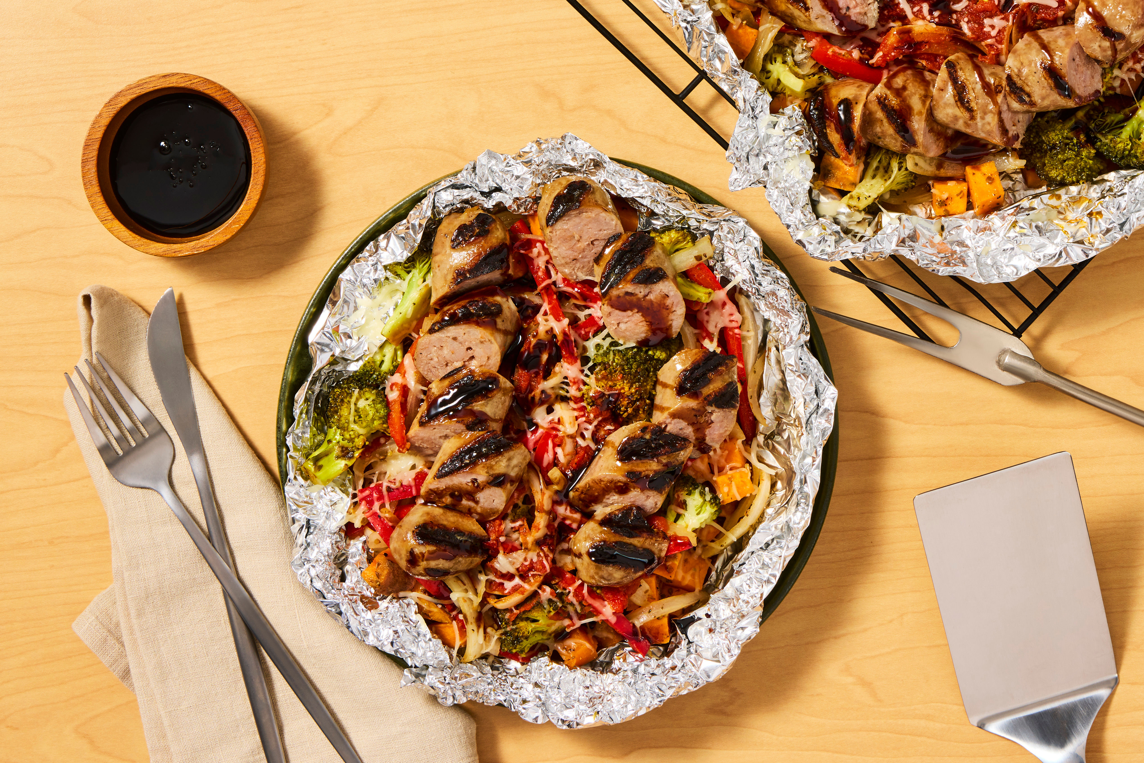 Grilled Pork Sausage & Cheesy Veggie Packets