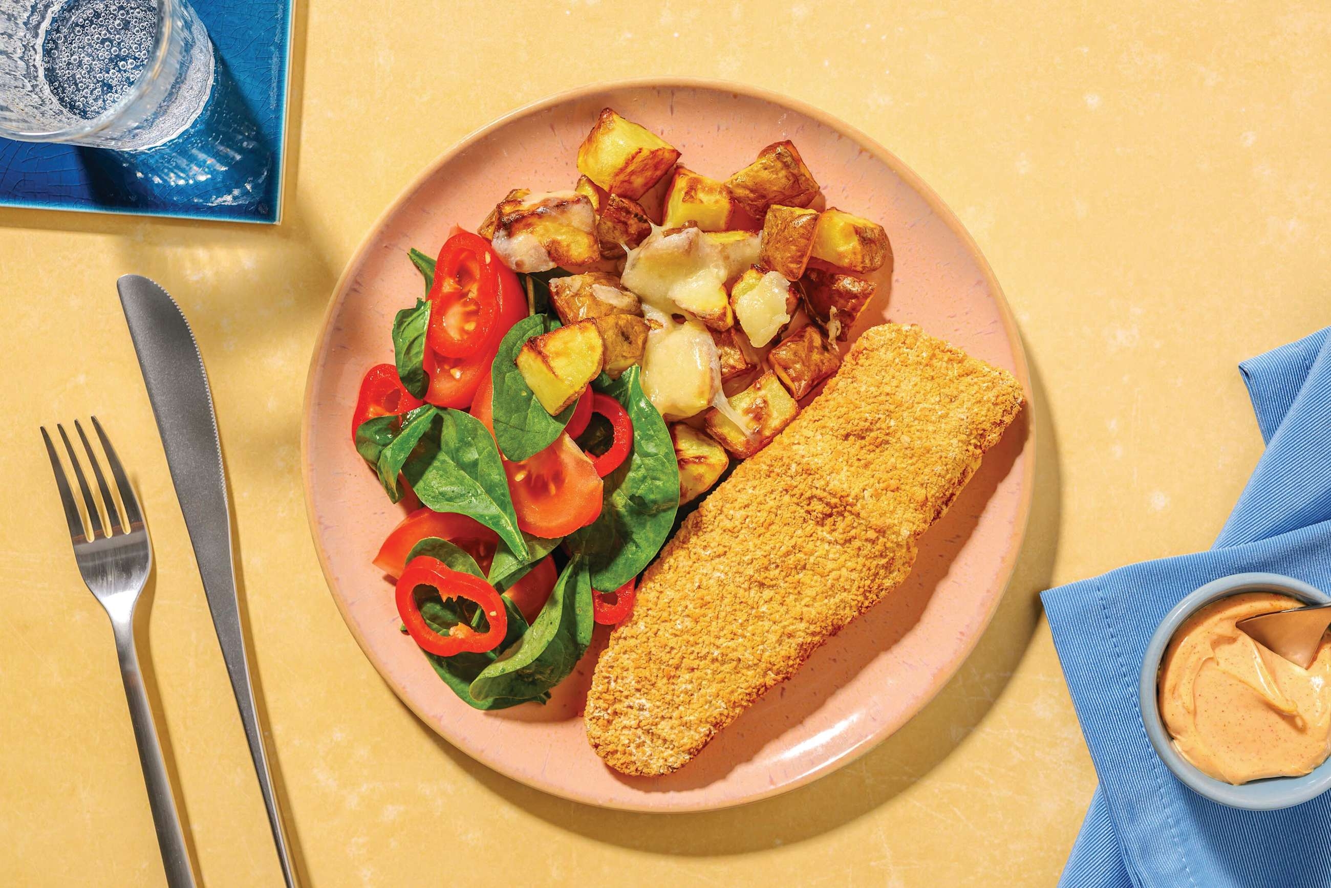 Easy Crumbed Fish & Cheesy Roast Potatoes