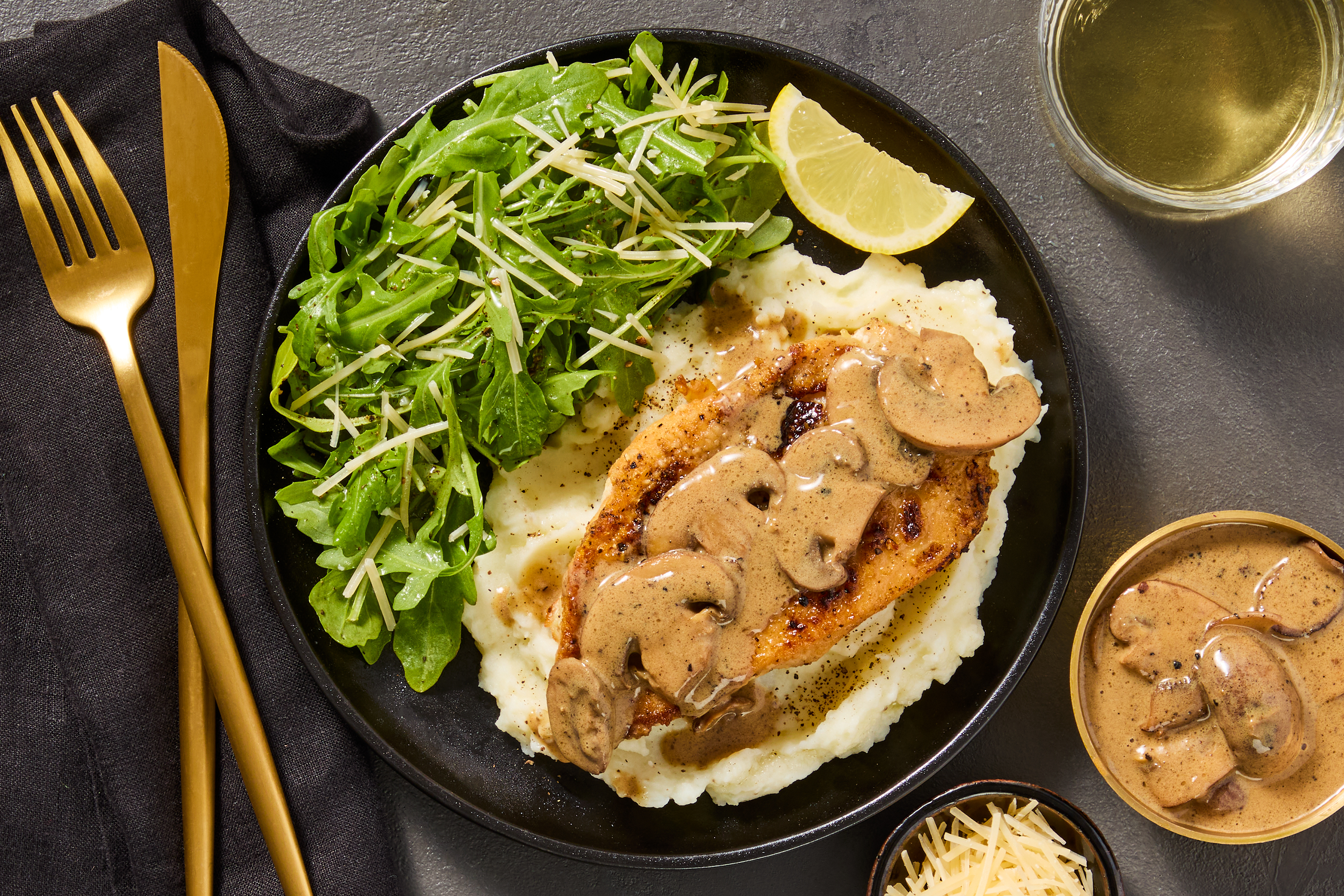 [UPGRADE CHICKEN CUTLETS TO ORGANIC CHICKEN CUTLETS] Chicken Paillard with Mushroom Sauce, Garlic Mashed Potatoes, and Arugula Salad