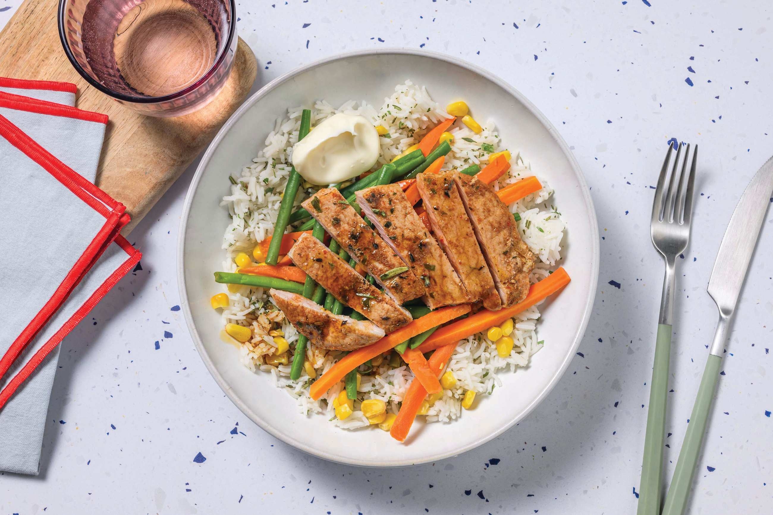 Peri-Peri Pork Steaks & Broc, Cauli & Corn Rice