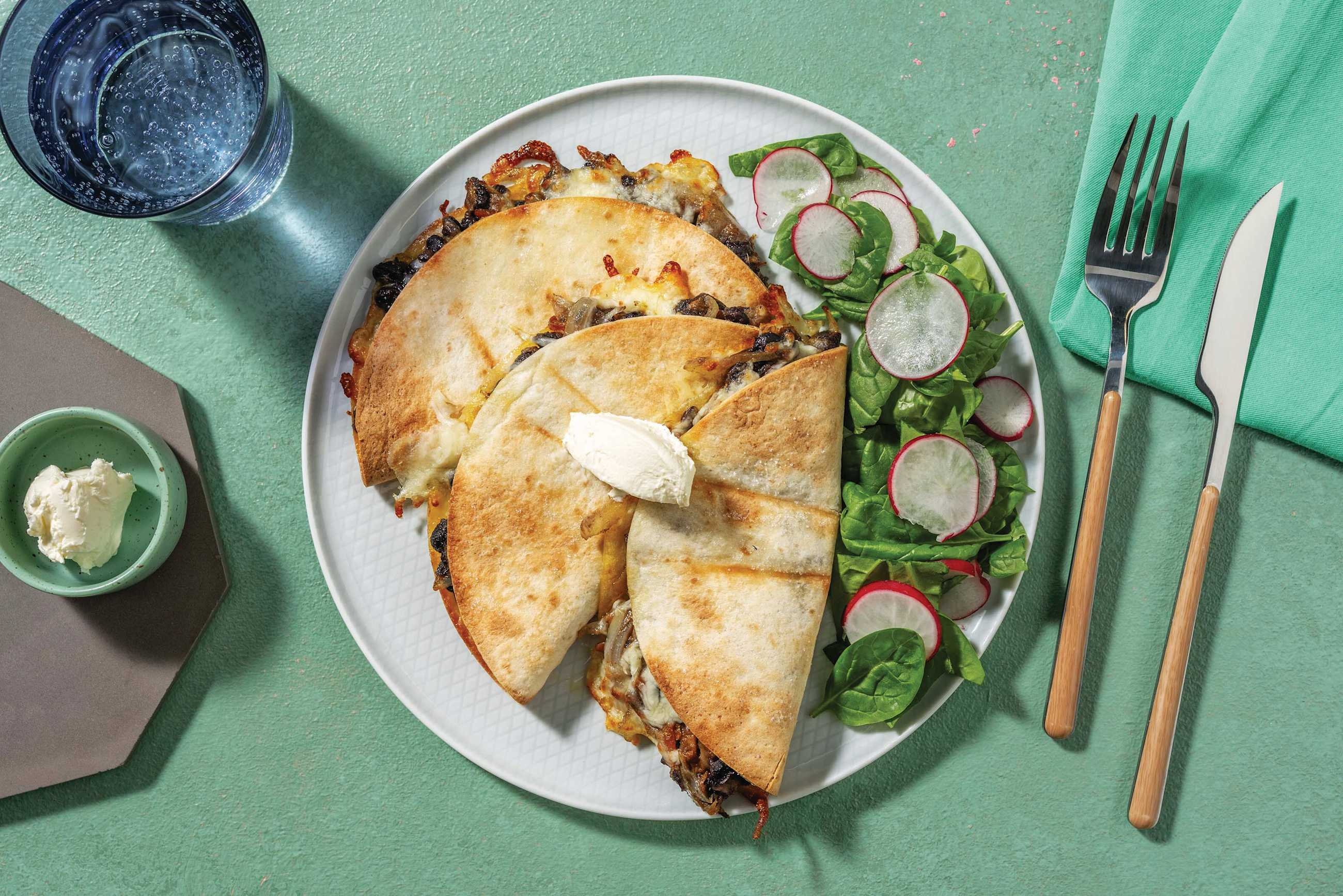 Cheesy Mexican Black Bean & Plant-Based Mince Quesadillas