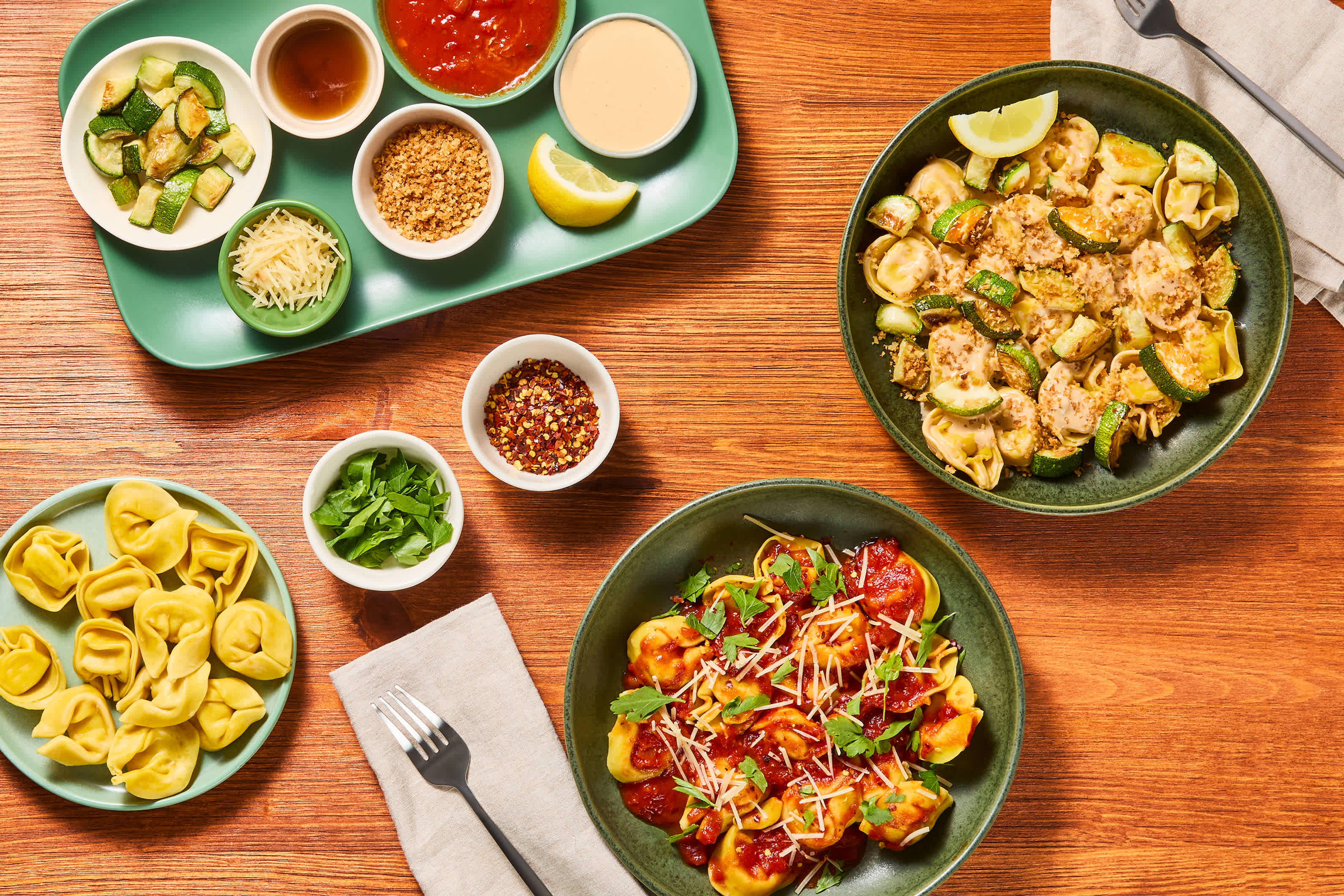 [SIDE ADD PENNE PASTA] BYOP Tortelloni Pasta Bar with Marinara, Lemon-Garlic Cream Sauce, Truffle Oil, & Roasted Zucchini