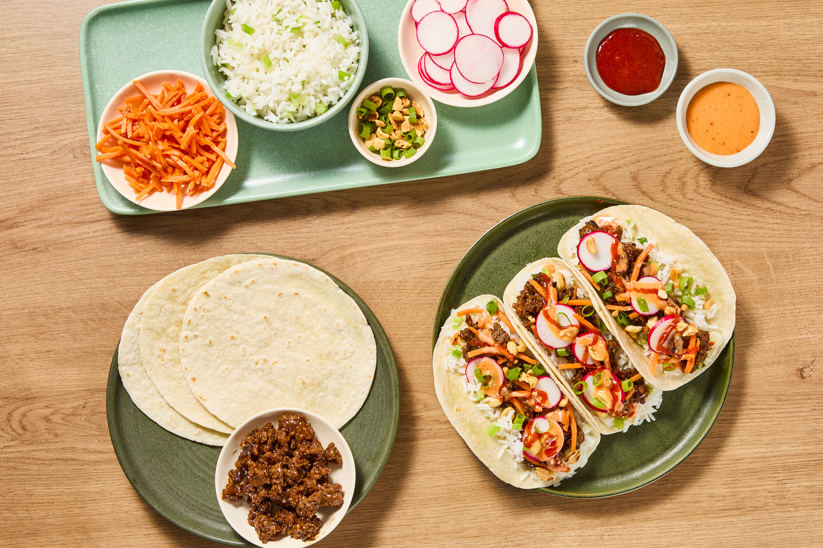 [SIDE ADD LO MEIN NOODLES] BYOP Banh Mi Taco Bar with Scallion Rice, Pickled Carrots, Radishes, Firecracker Sauce, & Scallion Peanut Mix