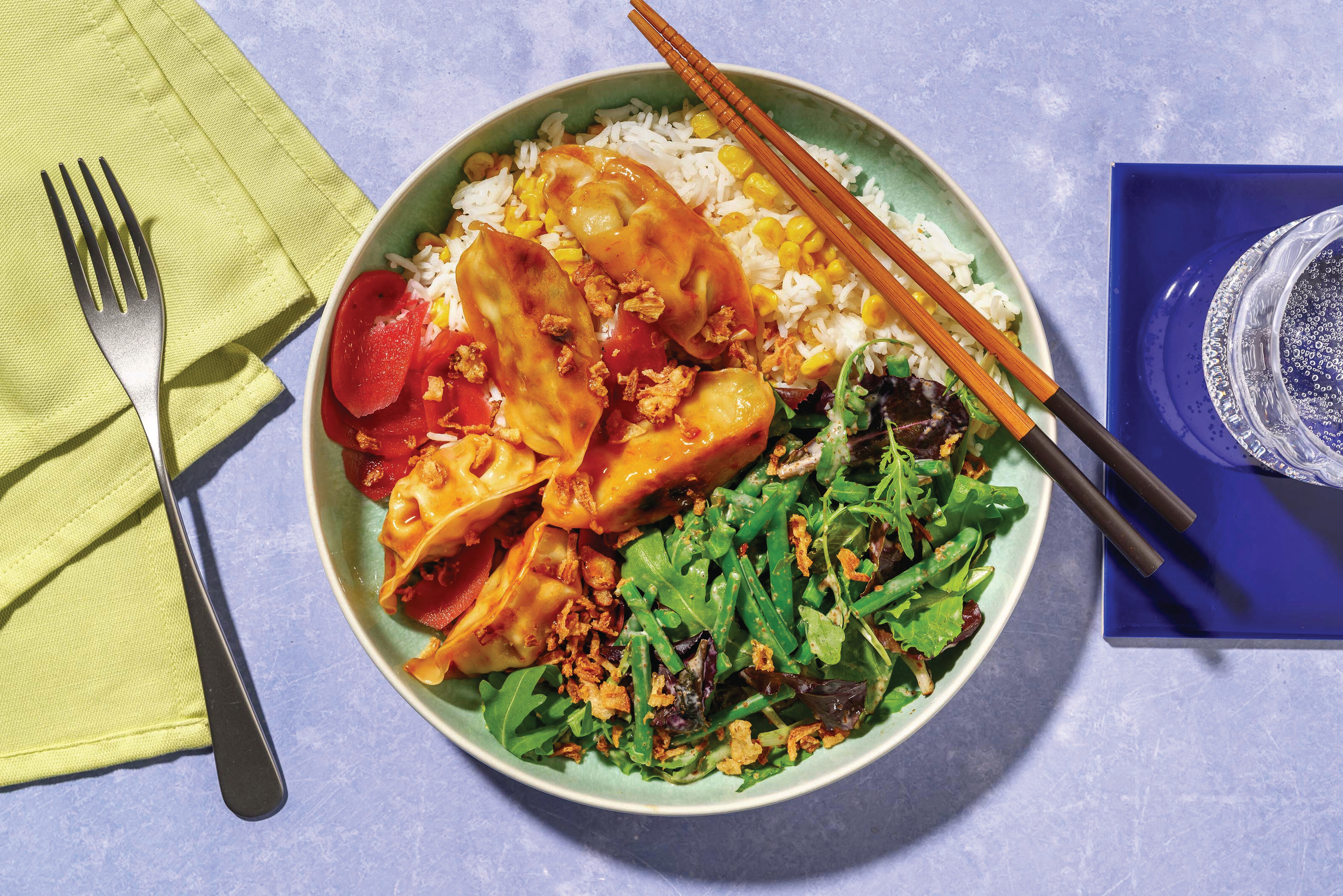 Sticky Chicken Gyoza Corn Rice Bowl