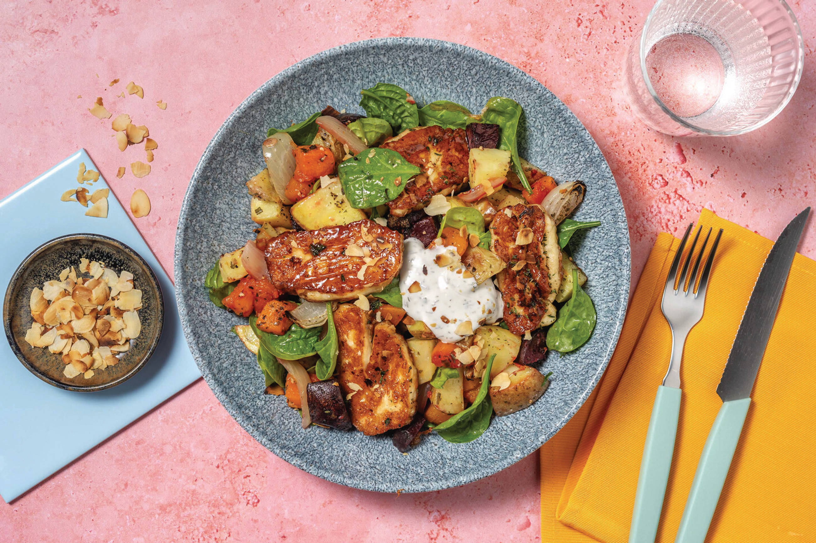 Honey-Thyme Double Halloumi & Root Veggie Medley