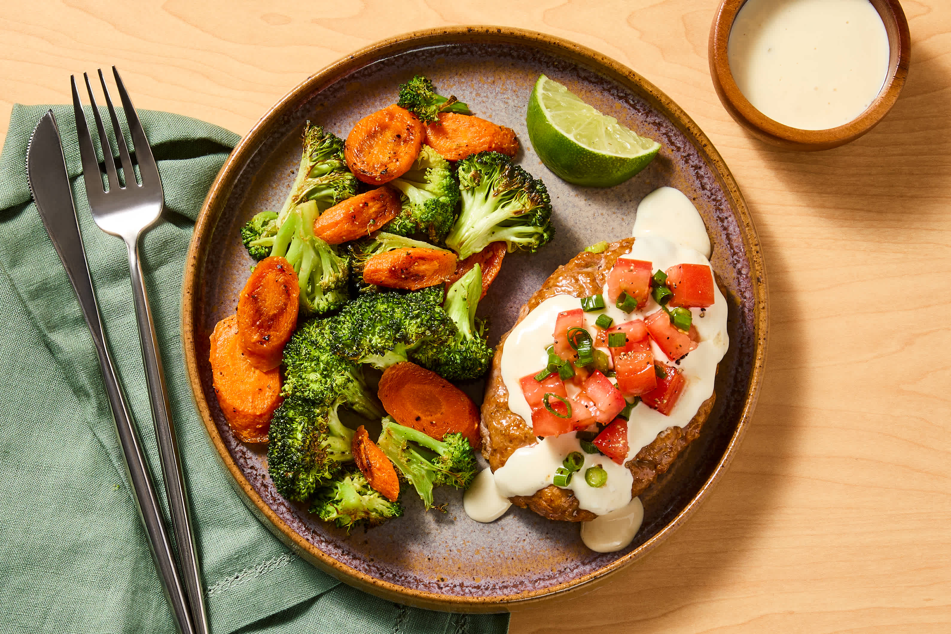 [SIDE VEG SWAP CARROTS TO BRUSSELS SPROUTS] Carb Smart Queso Fundido Meatloaf with Tomato-Scallion Salsa and Roasted Broccoli and Carrots