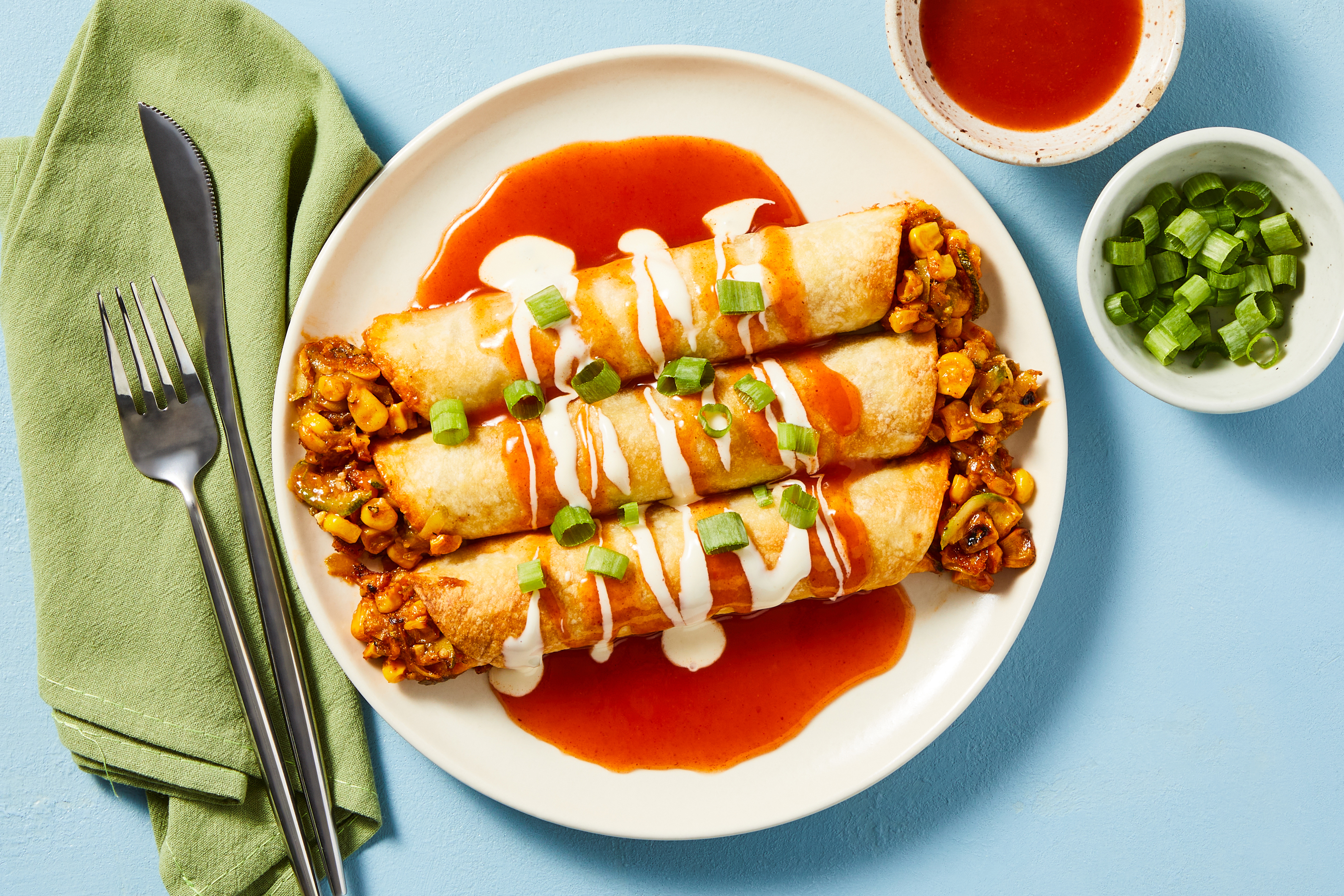 [ADD ORGANIC GROUND BEEF TO VEGGIE] Cheesy Corn & Zucchini Flautas