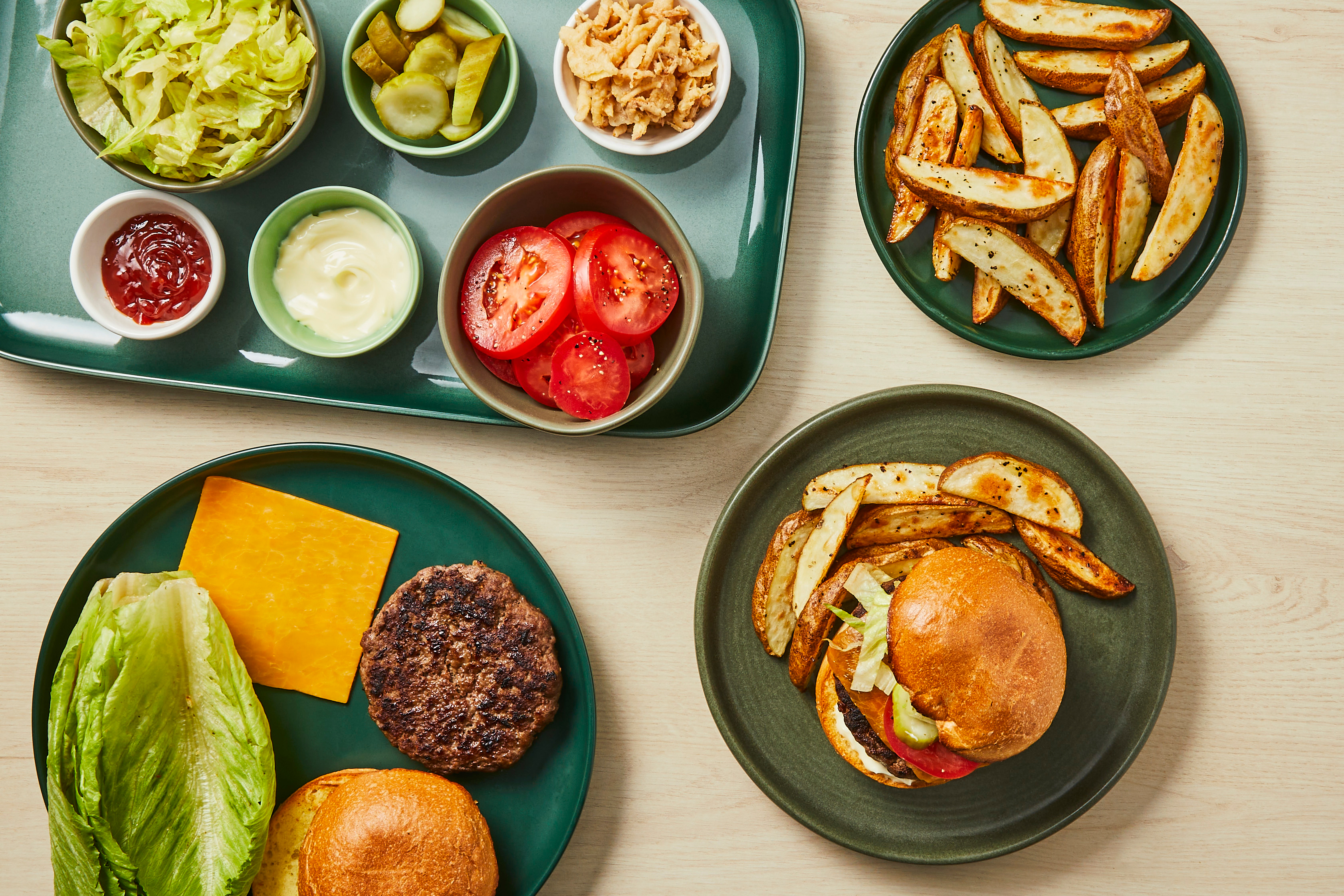 [SIDE ADD BACON] BYOP Classic Cheeseburger Bar with Pickles, Crispy Onions, & Fries